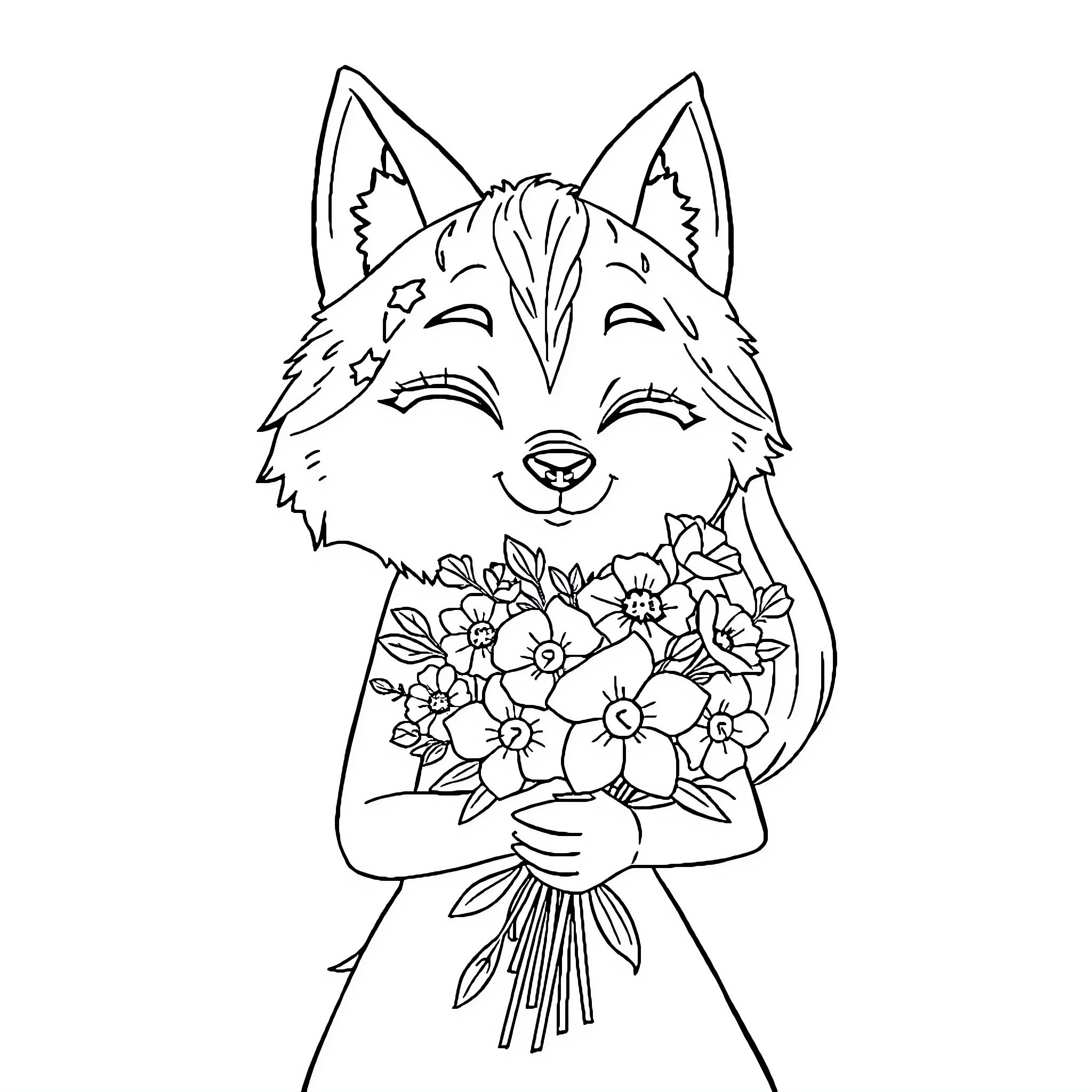 Anime Wolf Holding Floral Bouquet Coloring Page (free black-and-white line drawing printable PDF for all, from beginners to advanced learners, including children, teens, adults, and seniors)