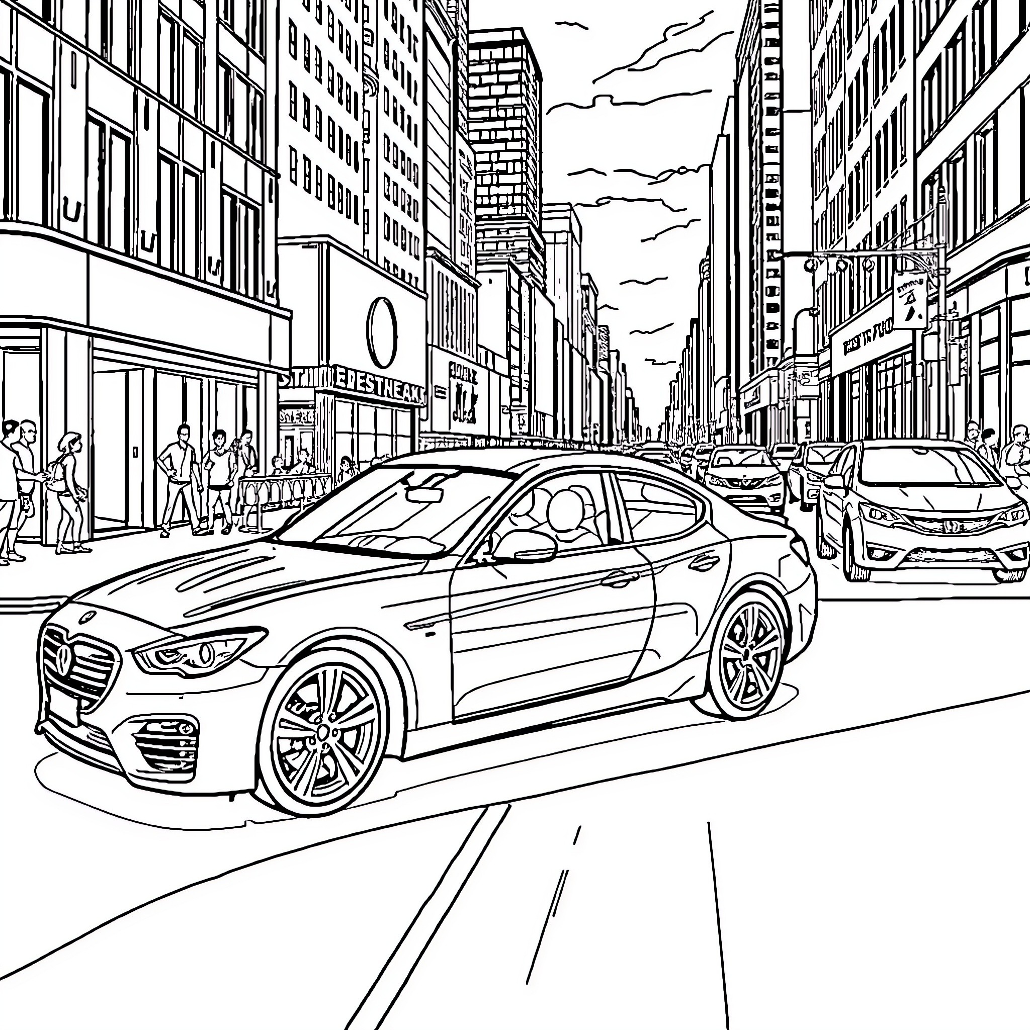 Car driving through busy city street Coloring Page (free black-and-white line drawing printable PDF for all, from beginners to advanced learners, including children, teens, adults, and seniors)
