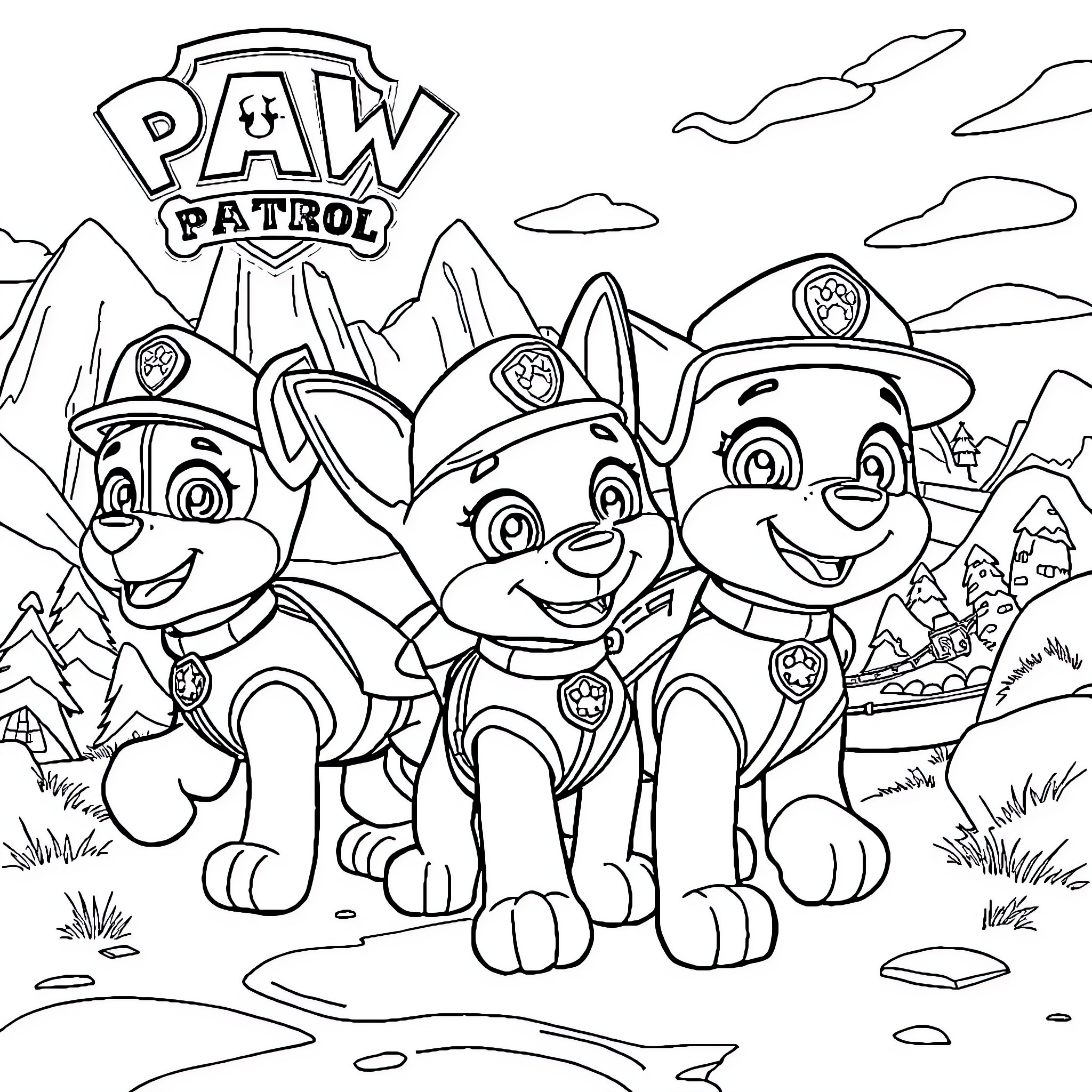 Paw Patrol Pups on a Mountain Adventure Coloring Page (free black-and-white line drawing printable PDF for all, from beginners to advanced learners, including children, teens, adults, and seniors)