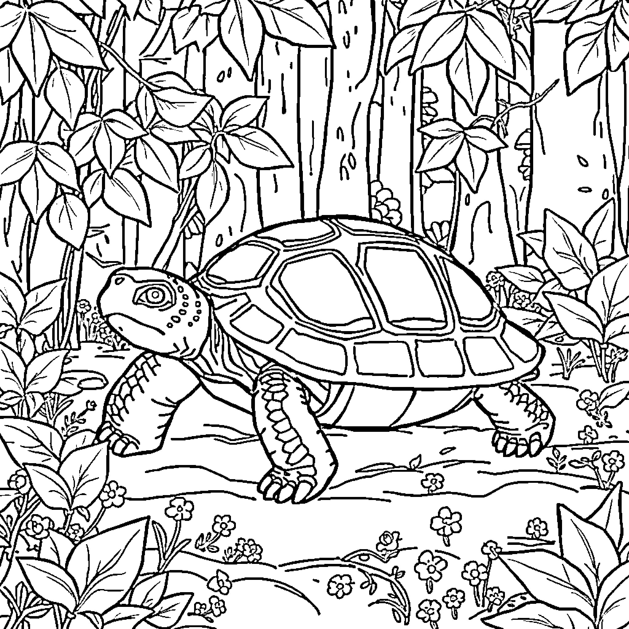 Turtle exploring the forest landscape Coloring Page (free black-and-white line drawing printable PDF for all, from beginners to advanced learners, including children, teens, adults, and seniors)