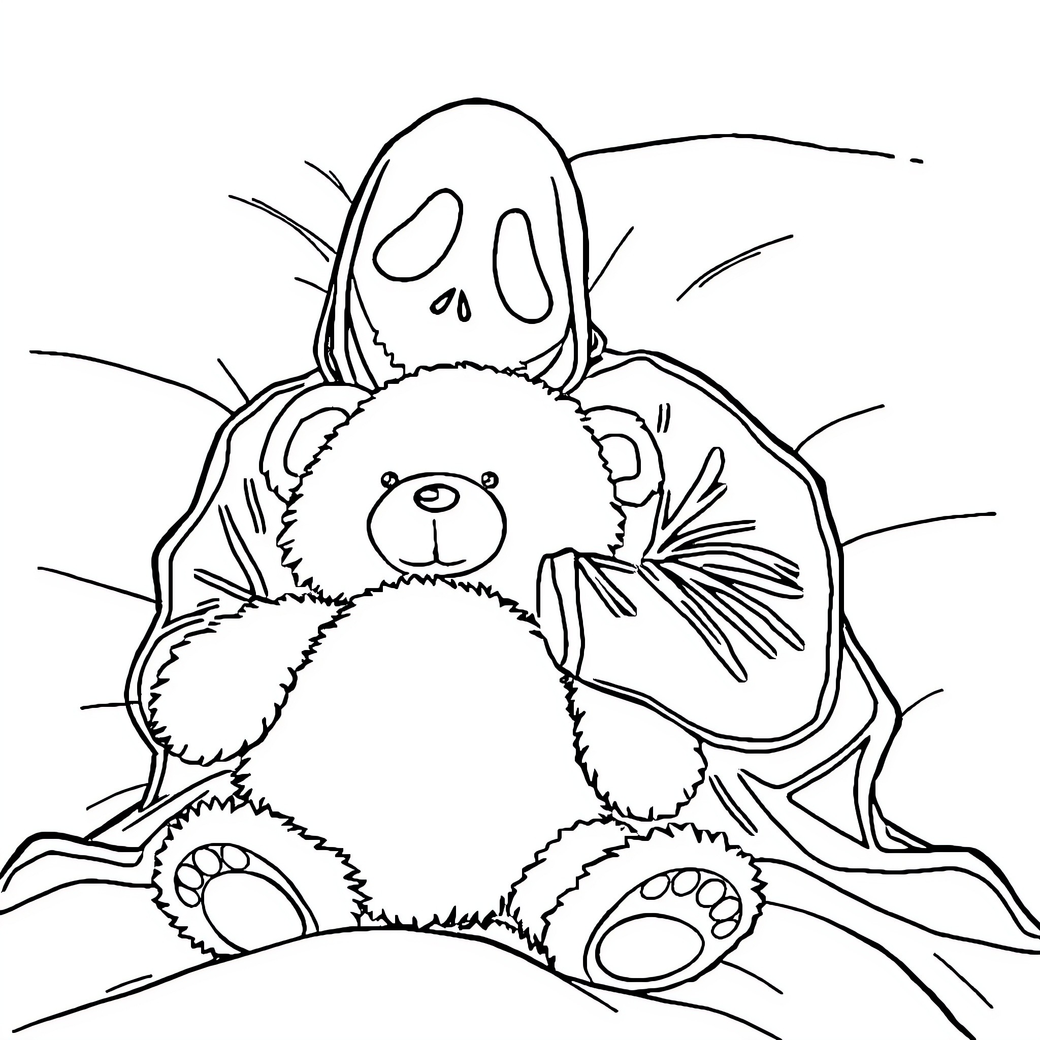 Ghostface holding a plush toy in a spooky setting Coloring Page (free black-and-white line drawing printable PDF for all, from beginners to advanced learners, including children, teens, adults, and seniors)