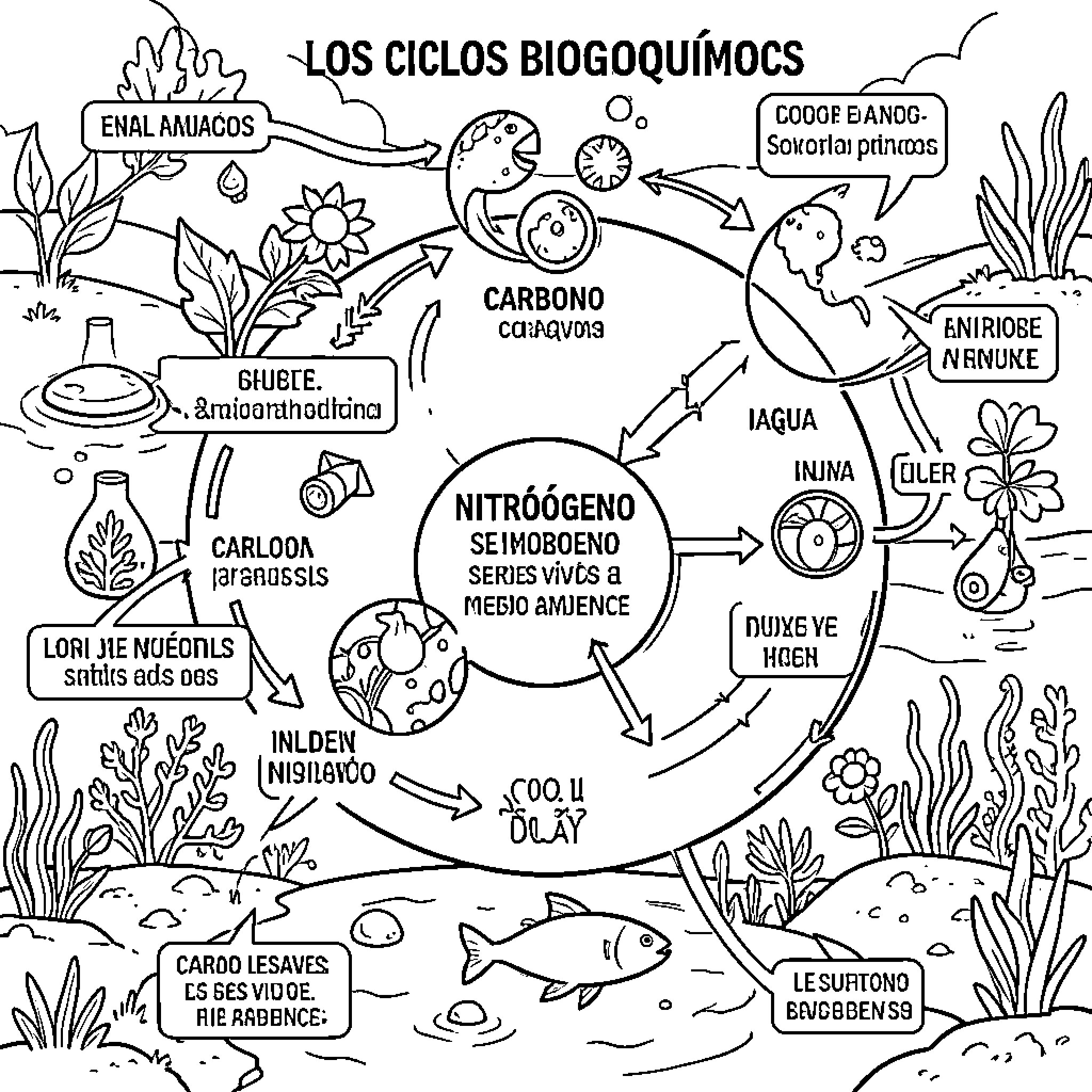 Biogeochemical Cycle of the Underwater World Coloring Page (free black-and-white line drawing printable PDF for all, from beginners to advanced learners, including children, teens, adults, and seniors)