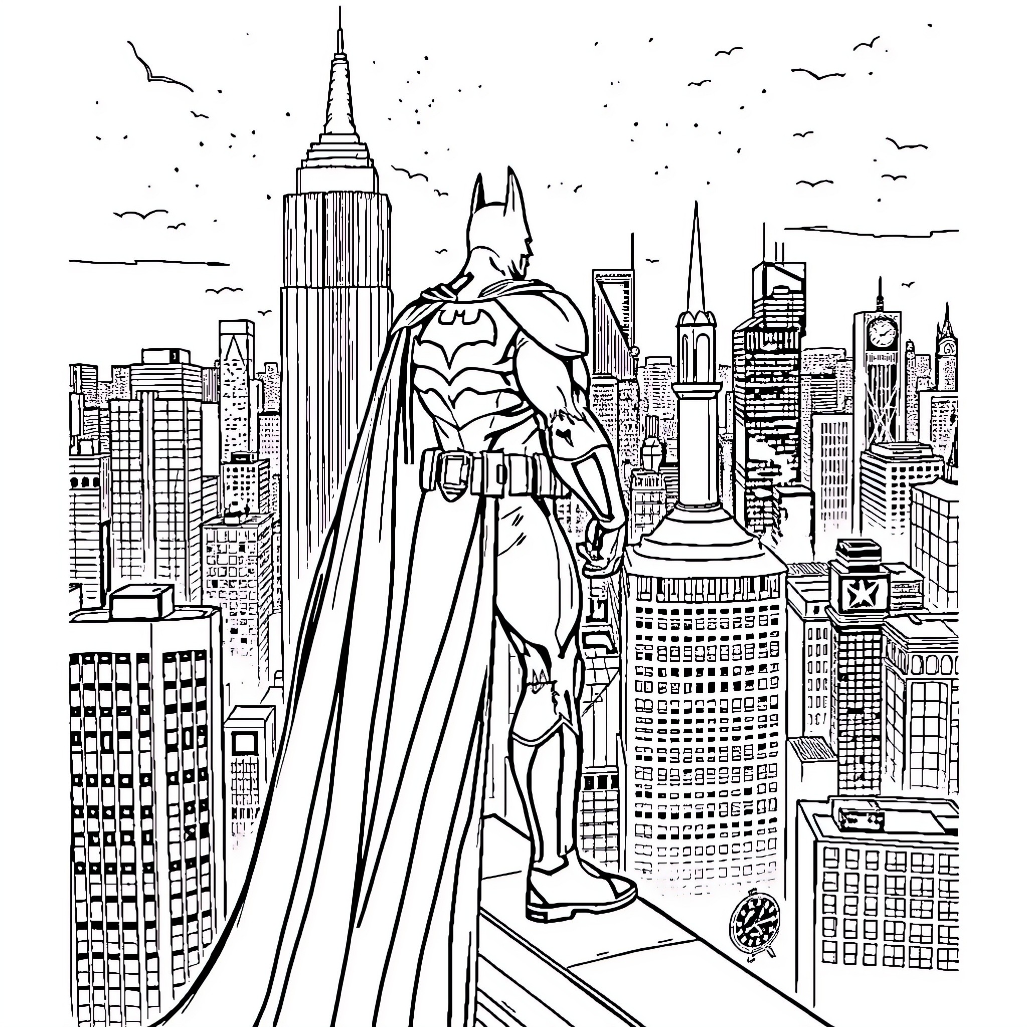 Batman overlooking the Gotham City skyline Coloring Page (free black-and-white line drawing printable PDF for all, from beginners to advanced learners, including children, teens, adults, and seniors)