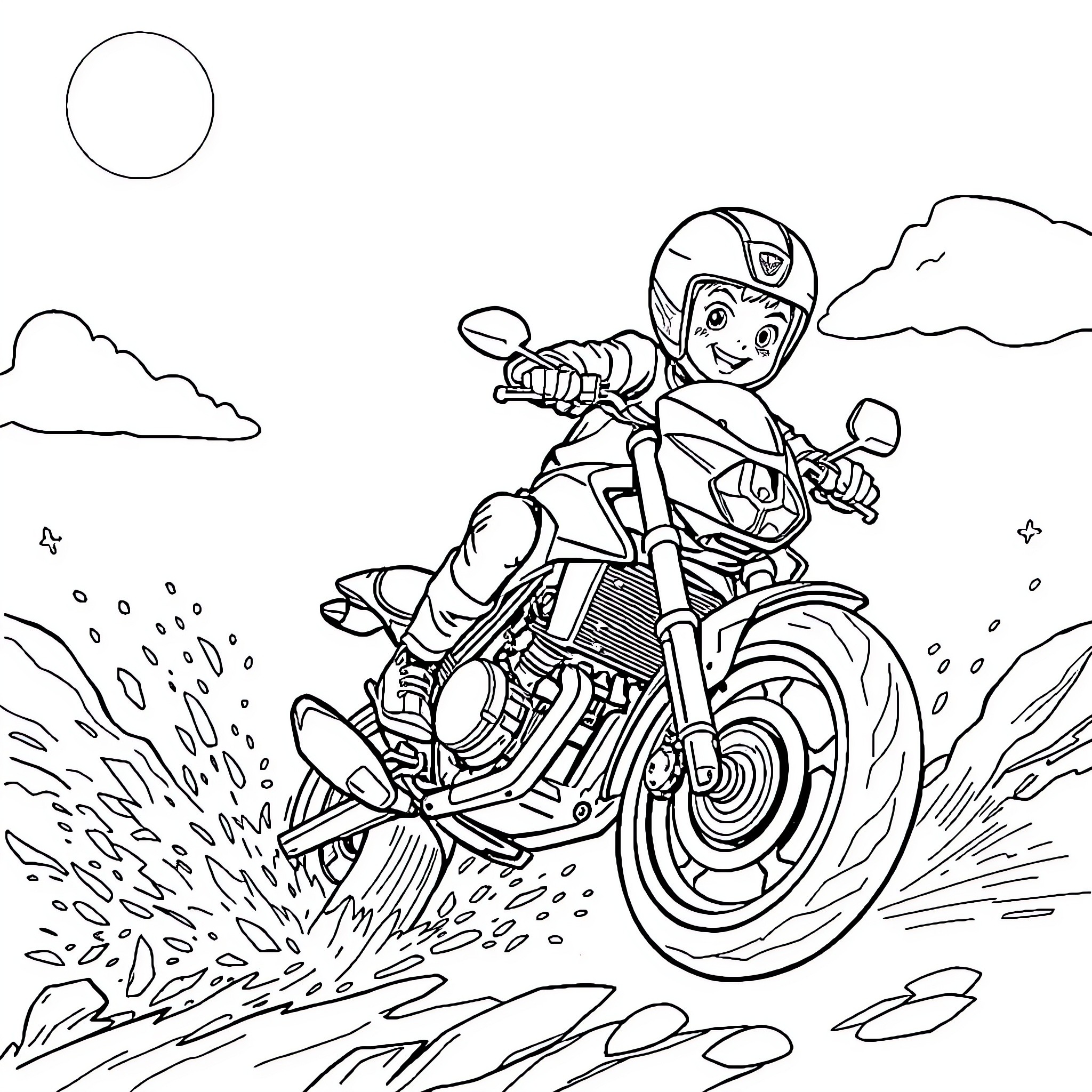 Boy riding motorcycle on dirt trail Coloring Page (free black-and-white line drawing printable PDF for all, from beginners to advanced learners, including children, teens, adults, and seniors)