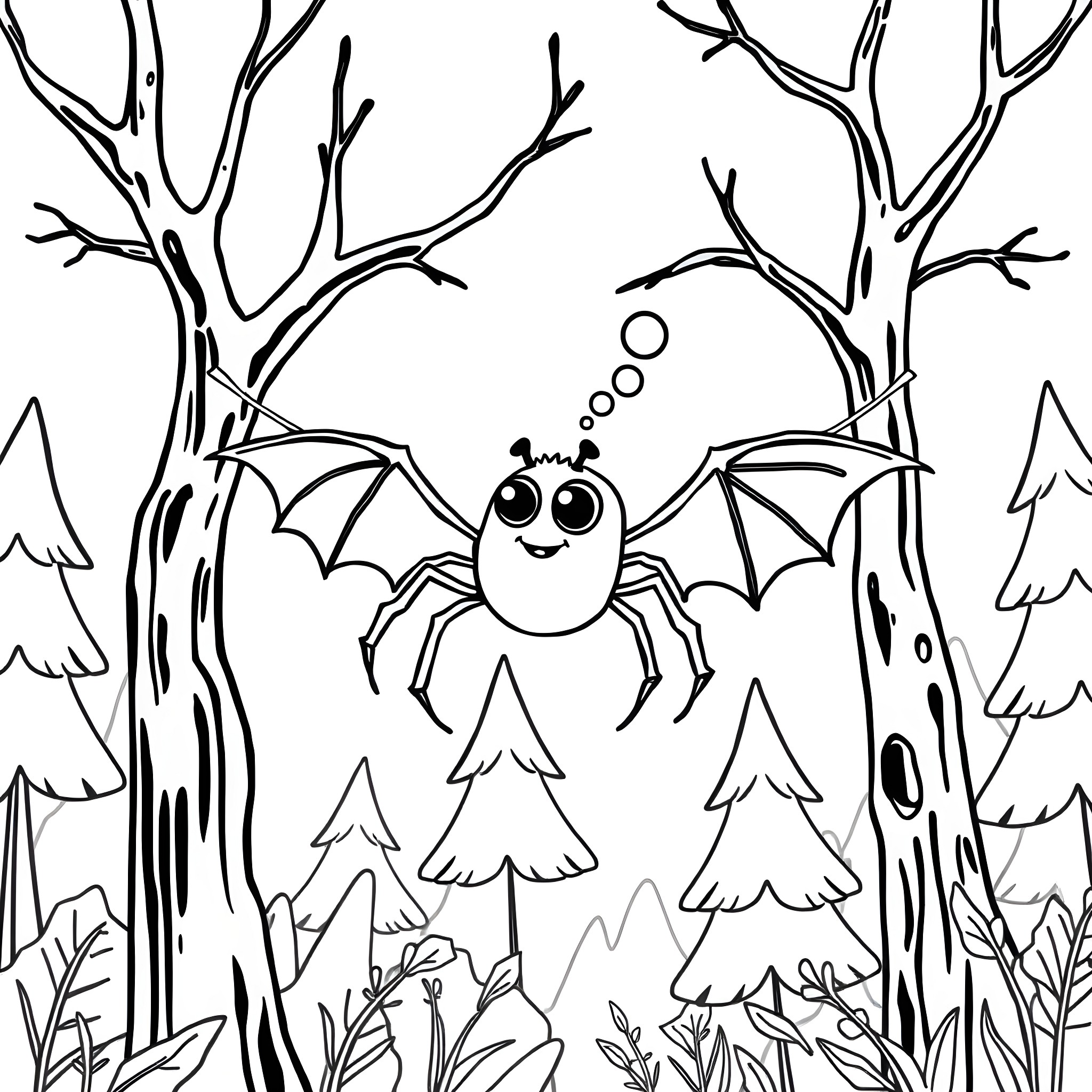 Spider hanging happily in the forest Coloring Page (free black-and-white line drawing printable PDF for all, from beginners to advanced learners, including children, teens, adults, and seniors)