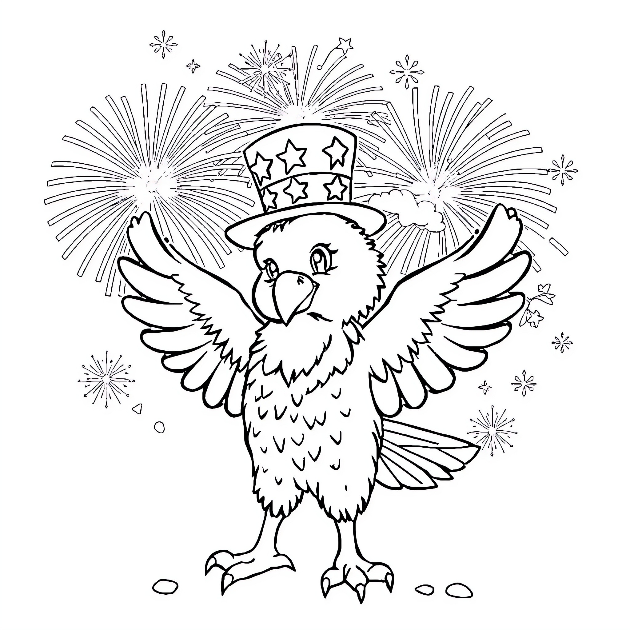 Eagle celebrating with fireworks and a star-spangled hat Coloring Page (free black-and-white line drawing printable PDF for all, from beginners to advanced learners, including children, teens, adults, and seniors)