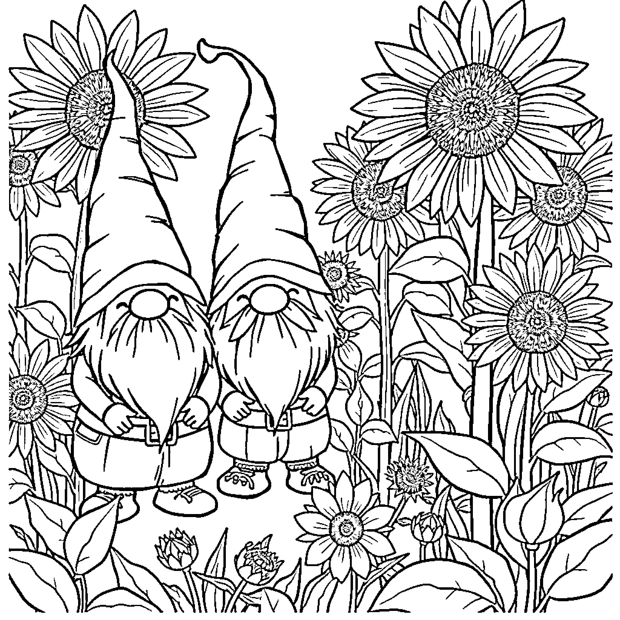 Gnome garden party with sunflowers Coloring Page (free black-and-white line drawing printable PDF for all, from beginners to advanced learners, including children, teens, adults, and seniors)