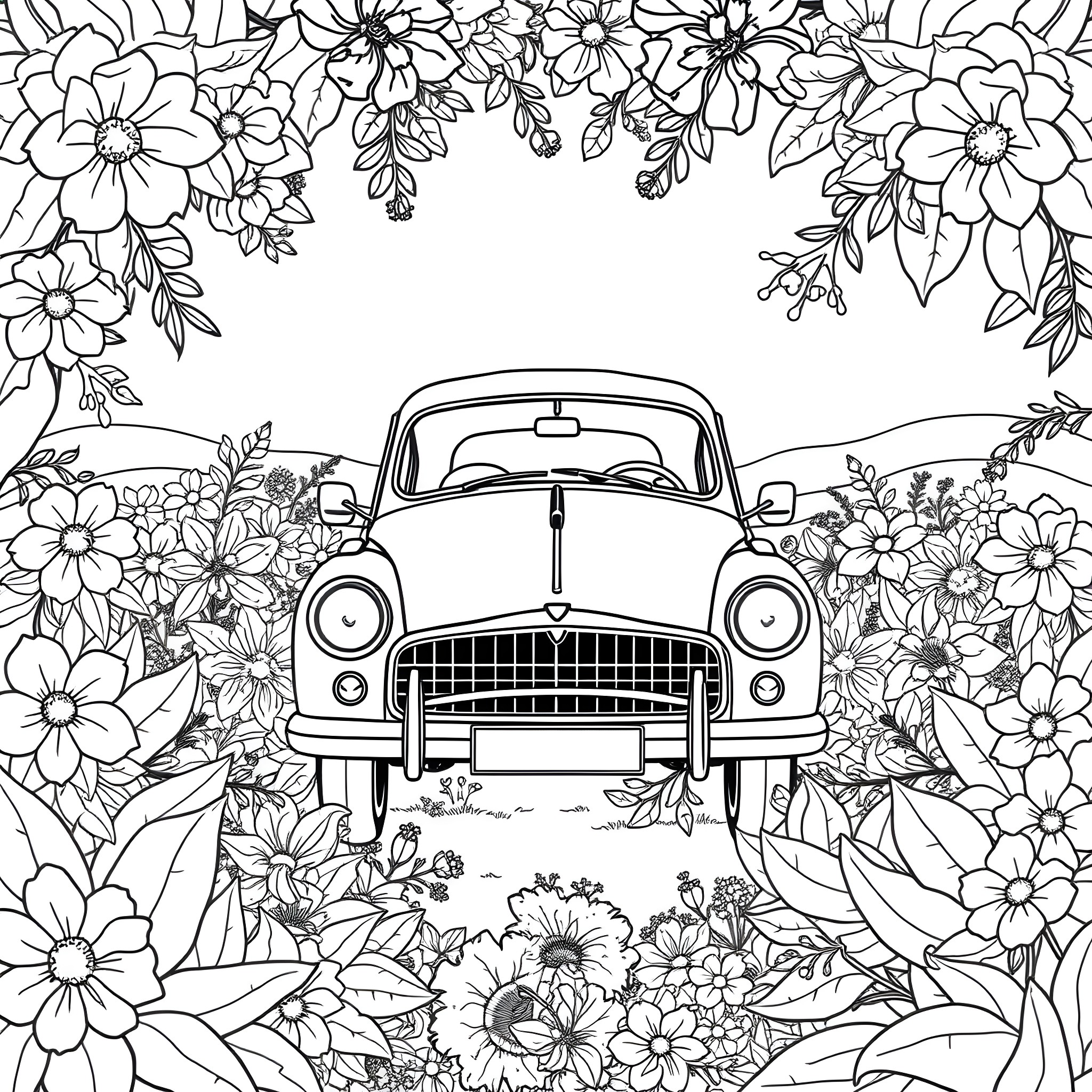 Flower car surrounded by blooming flowers Coloring Page (free black-and-white line drawing printable PDF for all, from beginners to advanced learners, including children, teens, adults, and seniors)