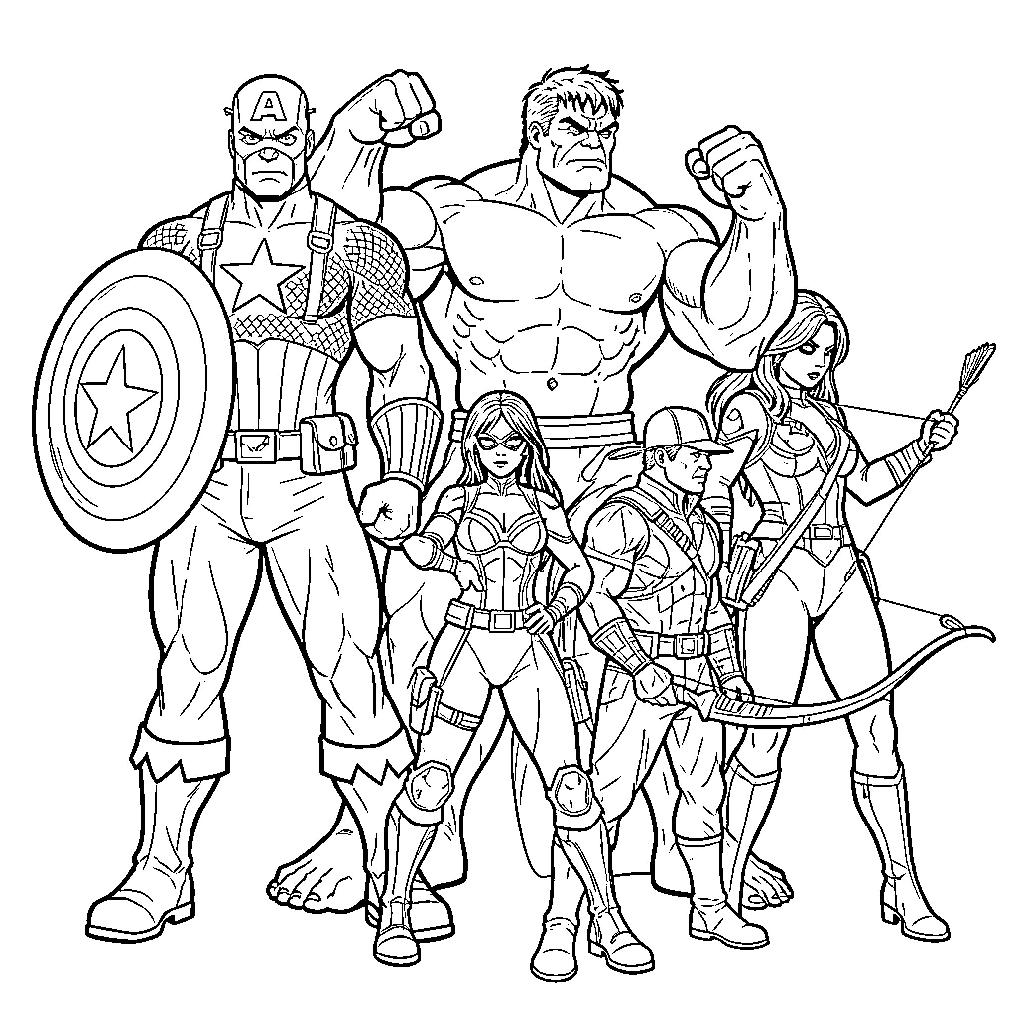Avenger Superheroes in Action Poses Coloring Page (free black-and-white line drawing printable PDF for all, from beginners to advanced learners, including children, teens, adults, and seniors)