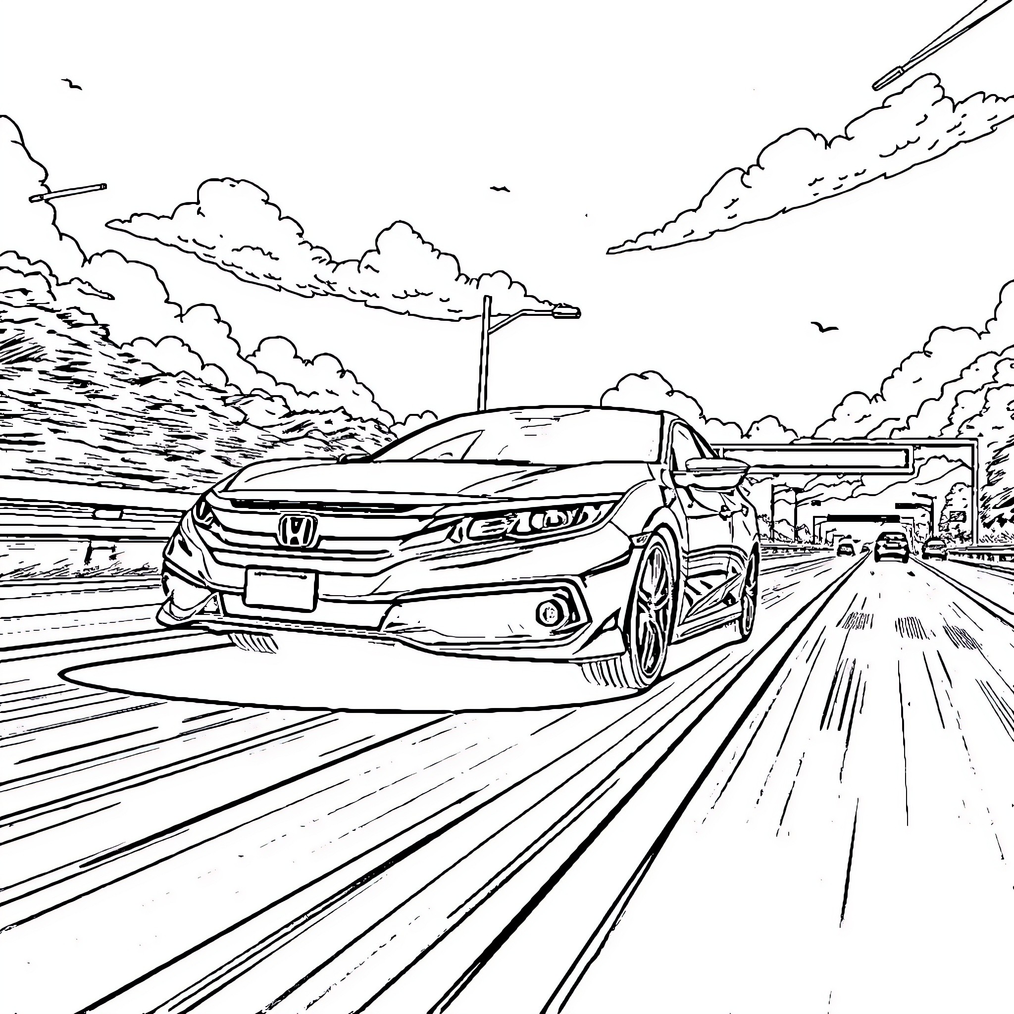 Honda Civic speeding on the highway Coloring Page (free black-and-white line drawing printable PDF for all, from beginners to advanced learners, including children, teens, adults, and seniors)