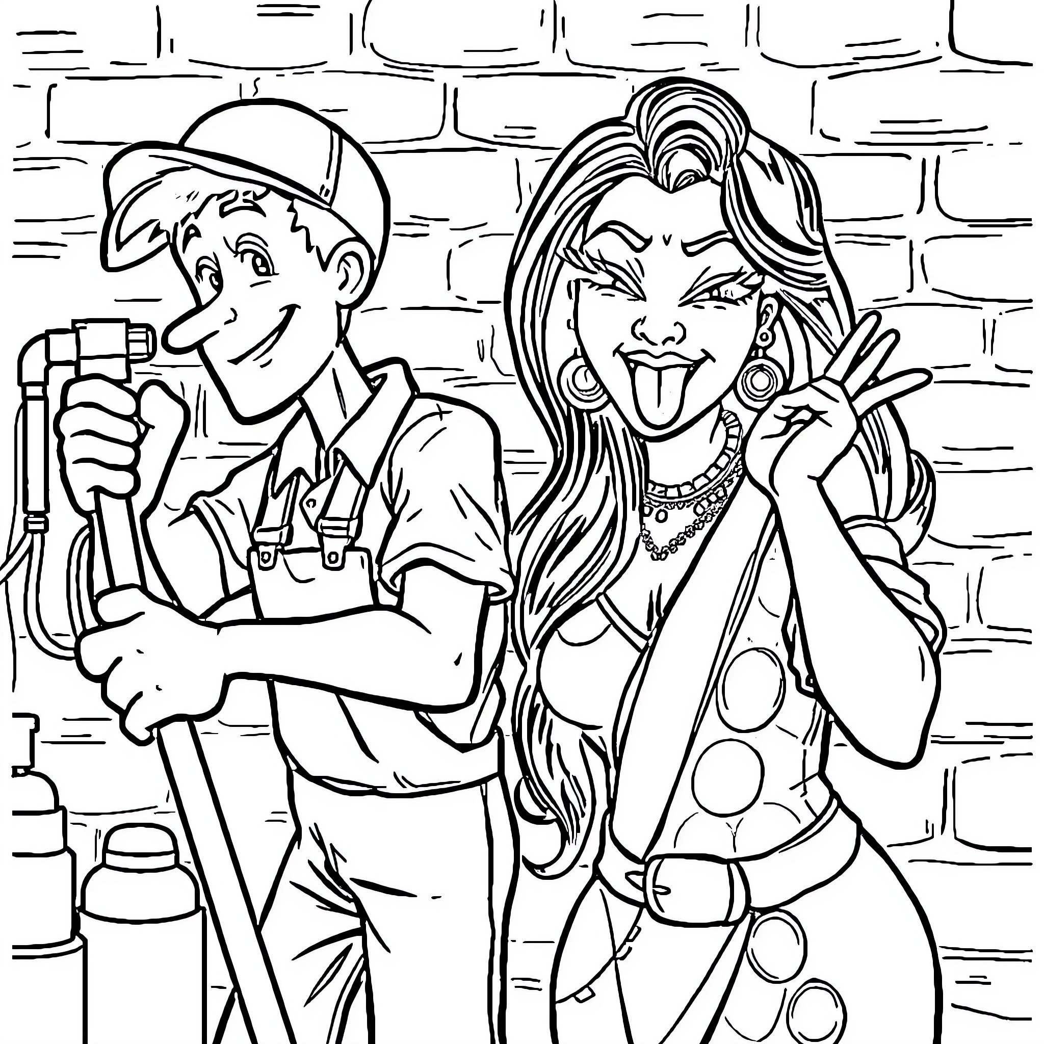 Plumber and the Cheerful Woman Coloring Page (free black-and-white line drawing printable PDF for all, from beginners to advanced learners, including children, teens, adults, and seniors)