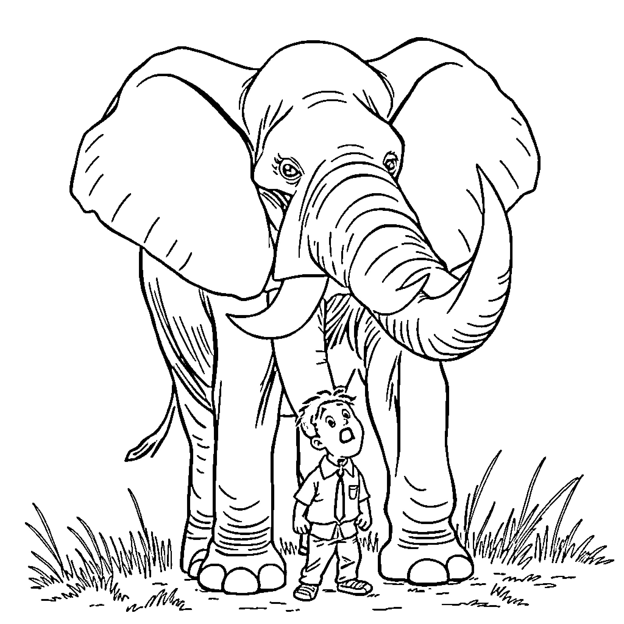 Elephant protecting a small child in the wild Coloring Page (free black-and-white line drawing printable PDF for all, from beginners to advanced learners, including children, teens, adults, and seniors)