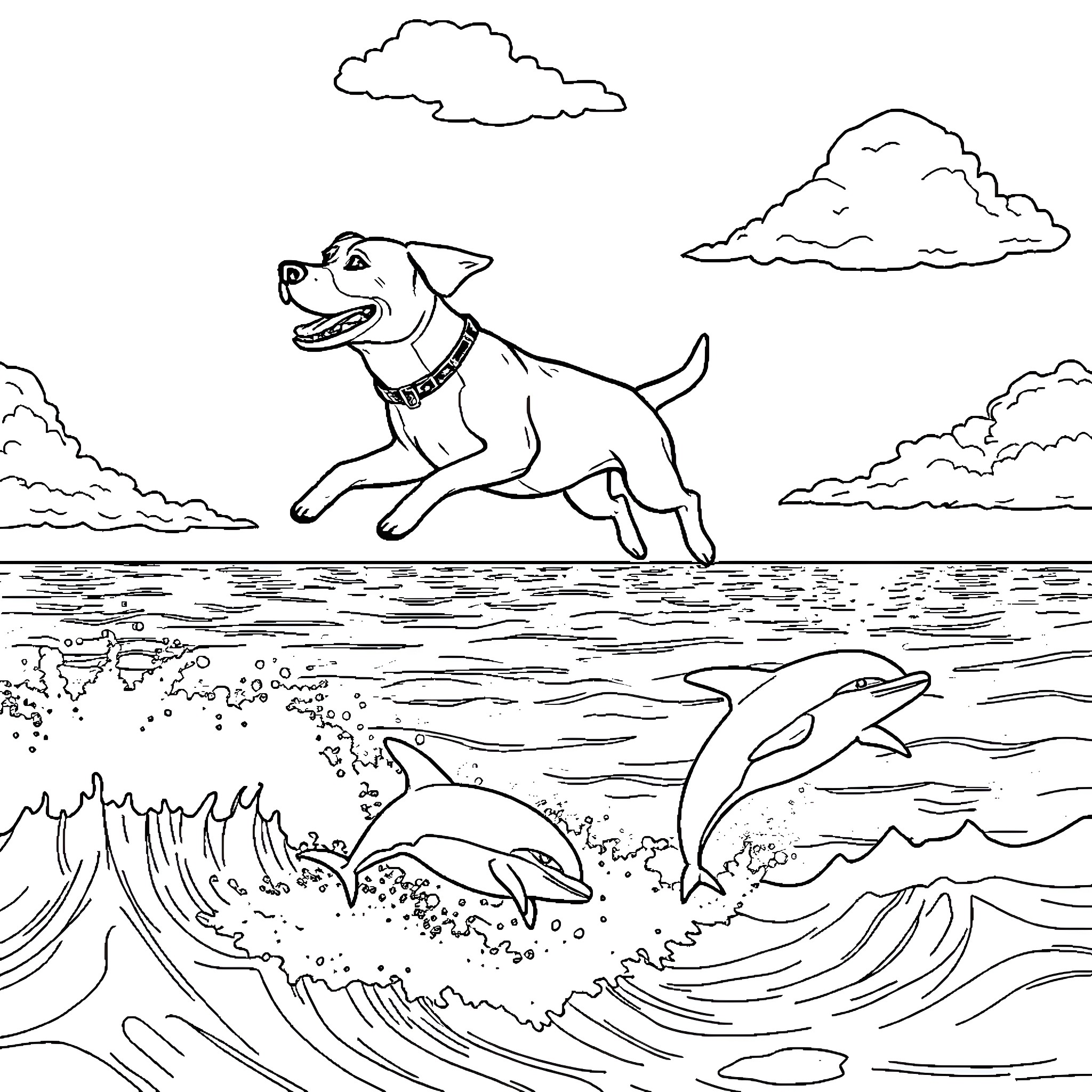 Dog chasing dolphins in the ocean Coloring Page (free black-and-white line drawing printable PDF for all, from beginners to advanced learners, including children, teens, adults, and seniors)