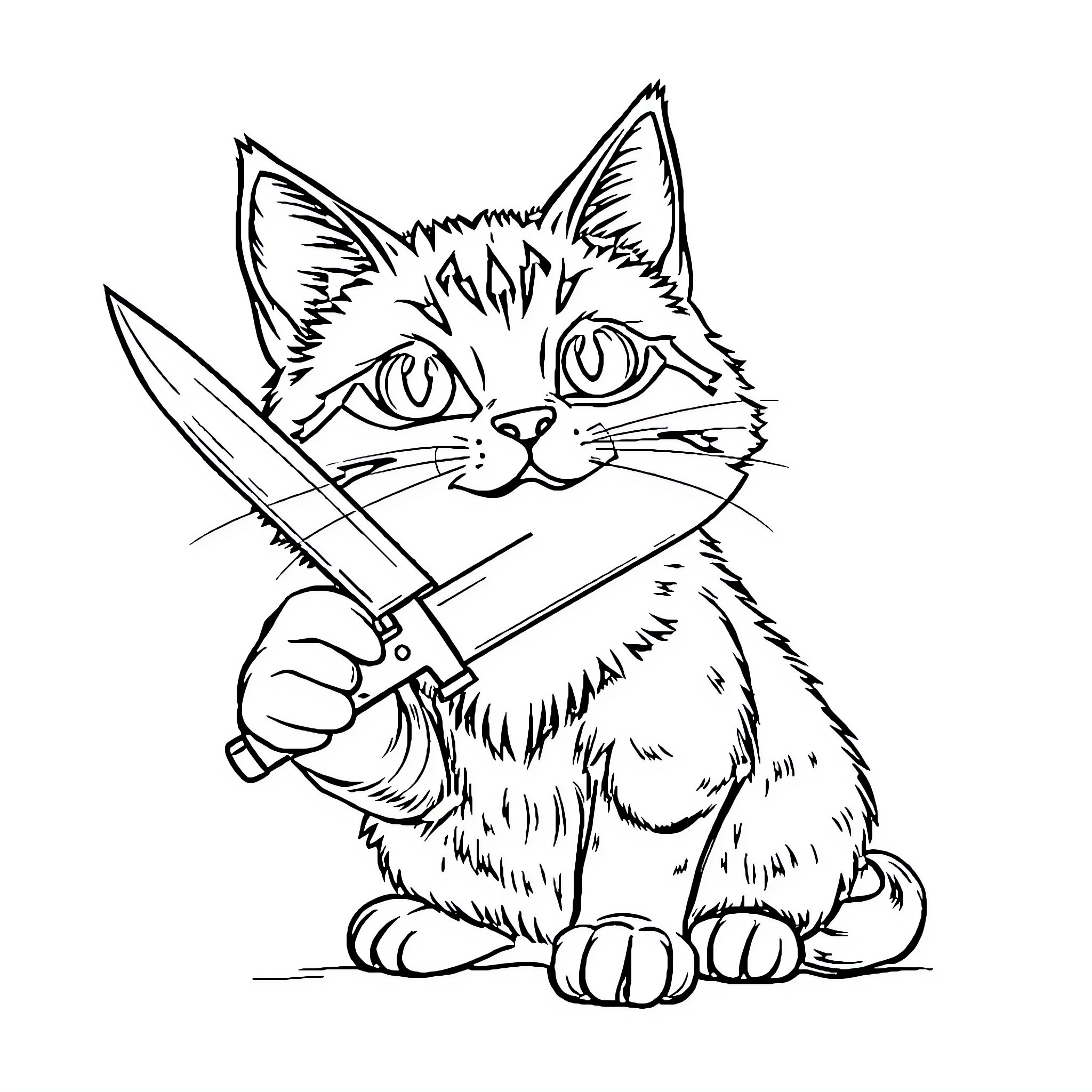 Cat wielding a sword Coloring Page (free black-and-white line drawing printable PDF for all, from beginners to advanced learners, including children, teens, adults, and seniors)