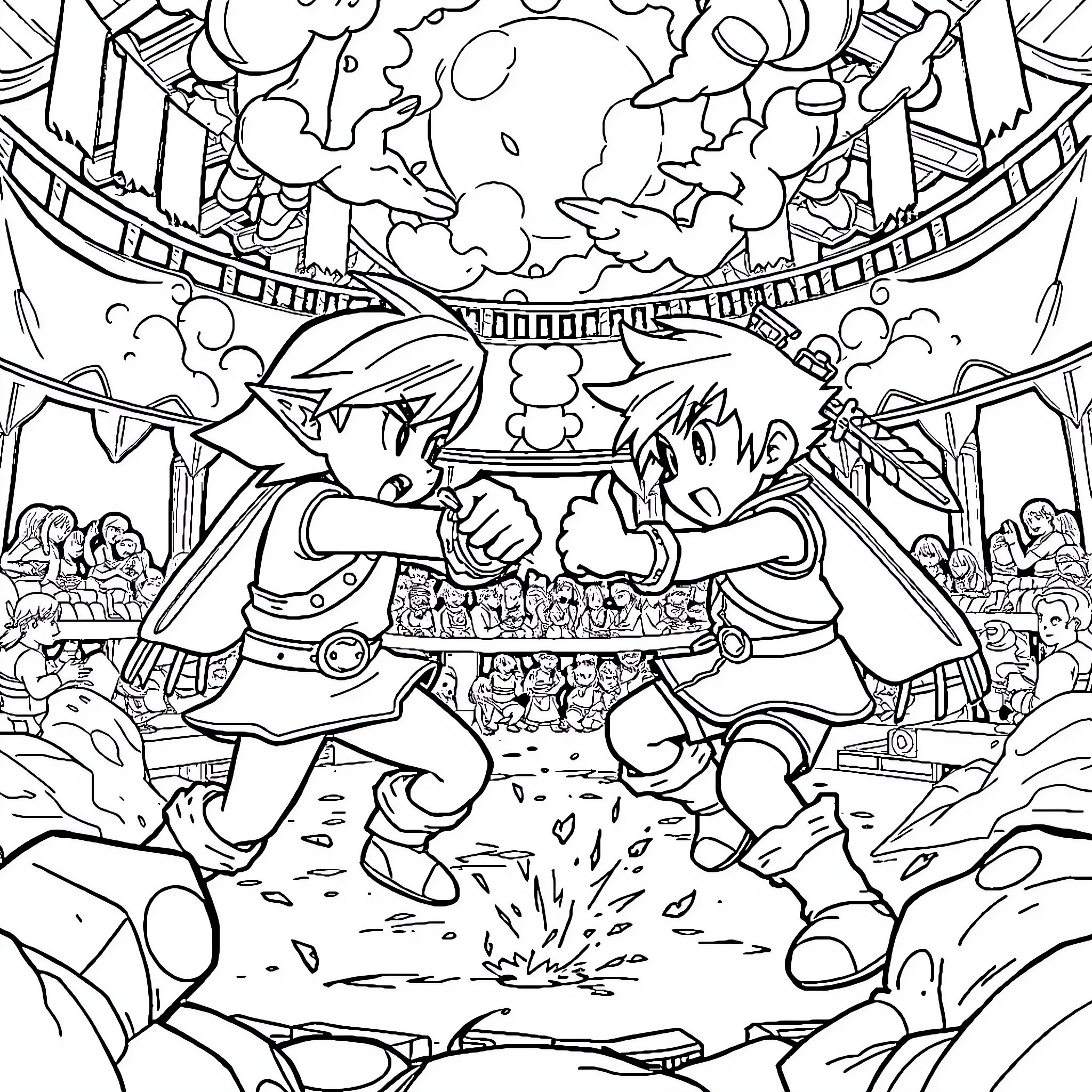 Ness in Epic Smash Battle Coloring Page (free black-and-white line drawing printable PDF for all, from beginners to advanced learners, including children, teens, adults, and seniors)