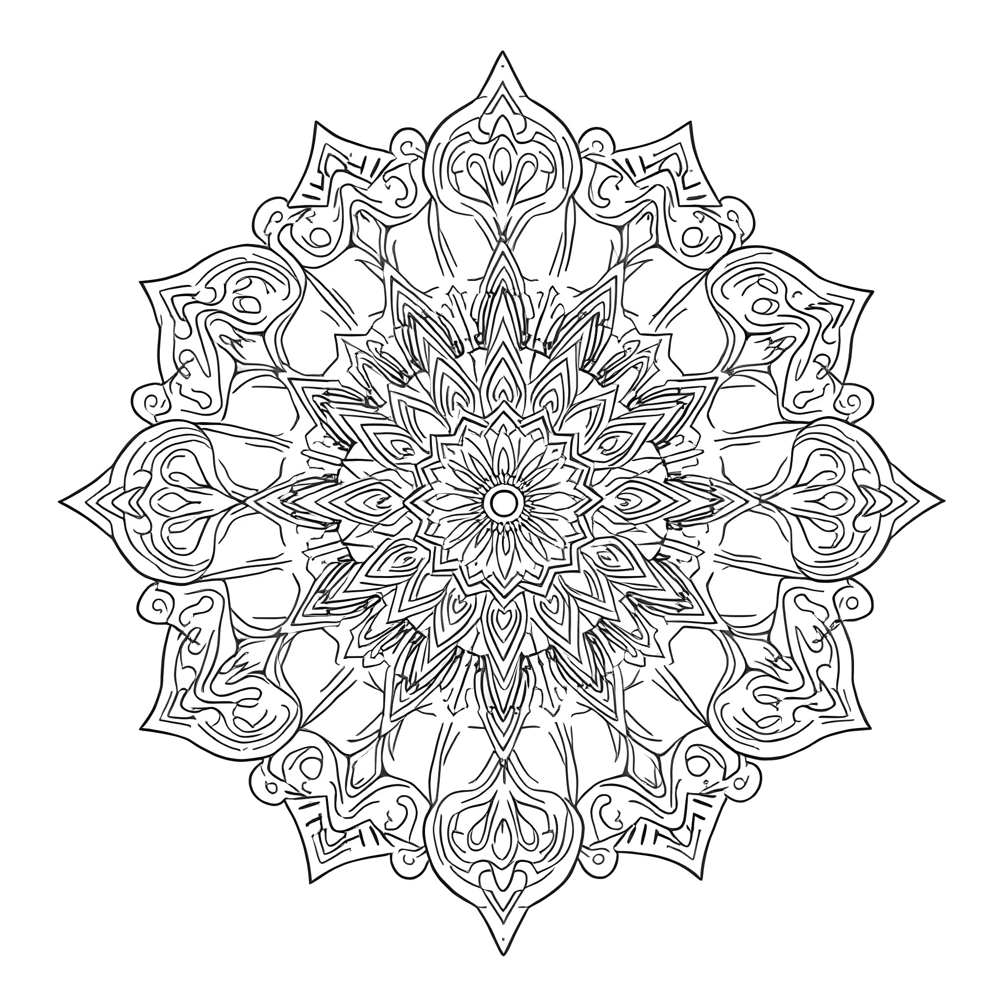 Mandala with intricate symmetrical patterns Coloring Page (free black-and-white line drawing printable PDF for all, from beginners to advanced learners, including children, teens, adults, and seniors)