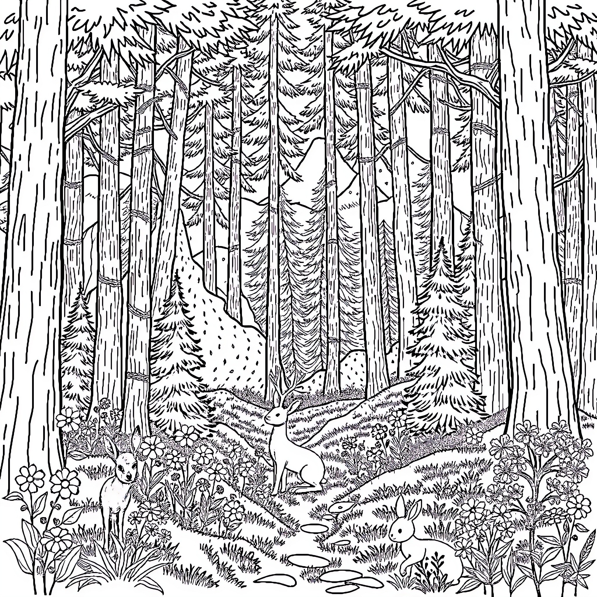 Forest creatures resting in the serene woodland Coloring Page (free black-and-white line drawing printable PDF for all, from beginners to advanced learners, including children, teens, adults, and seniors)