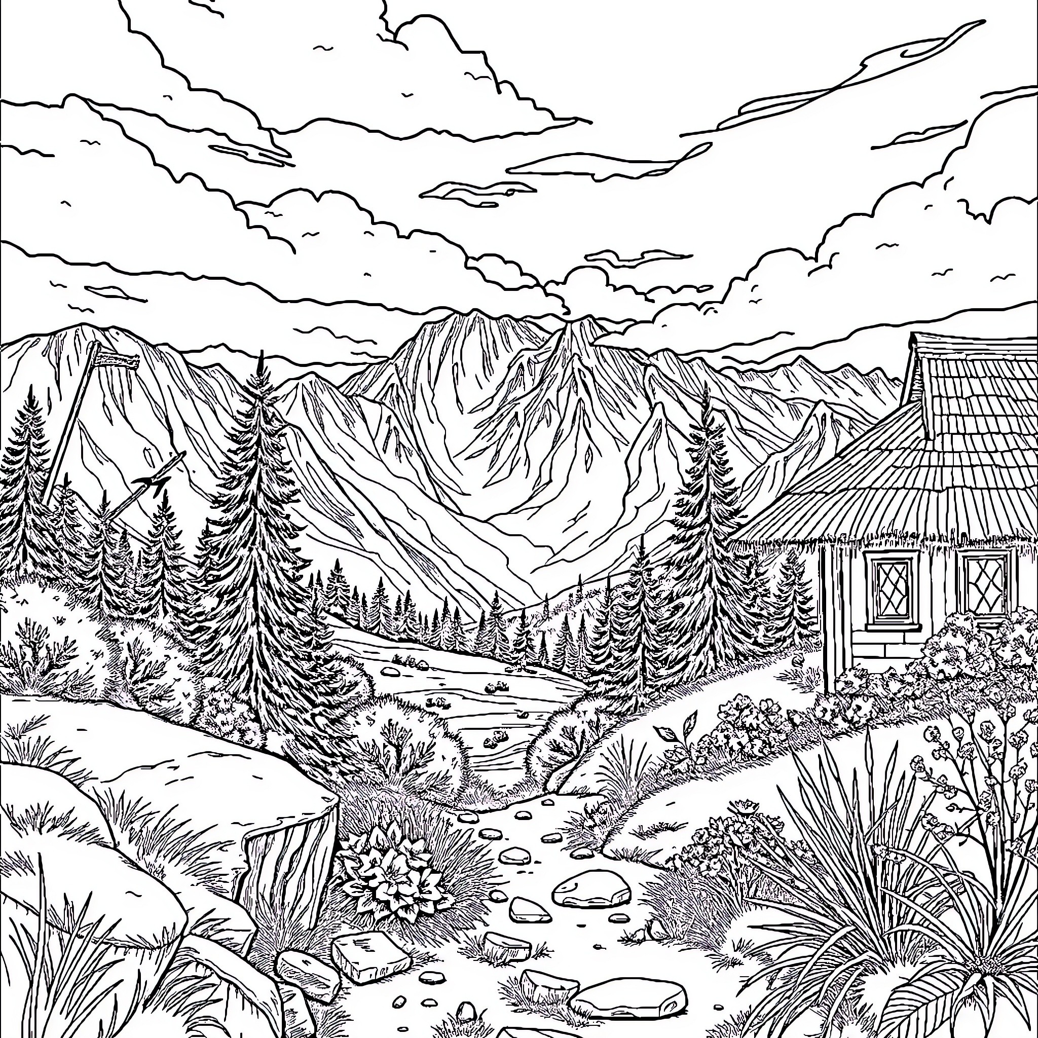 Realistic Serene Mountain Landscape with Cottage Coloring Page (free black-and-white line drawing printable PDF for all, from beginners to advanced learners, including children, teens, adults, and seniors)