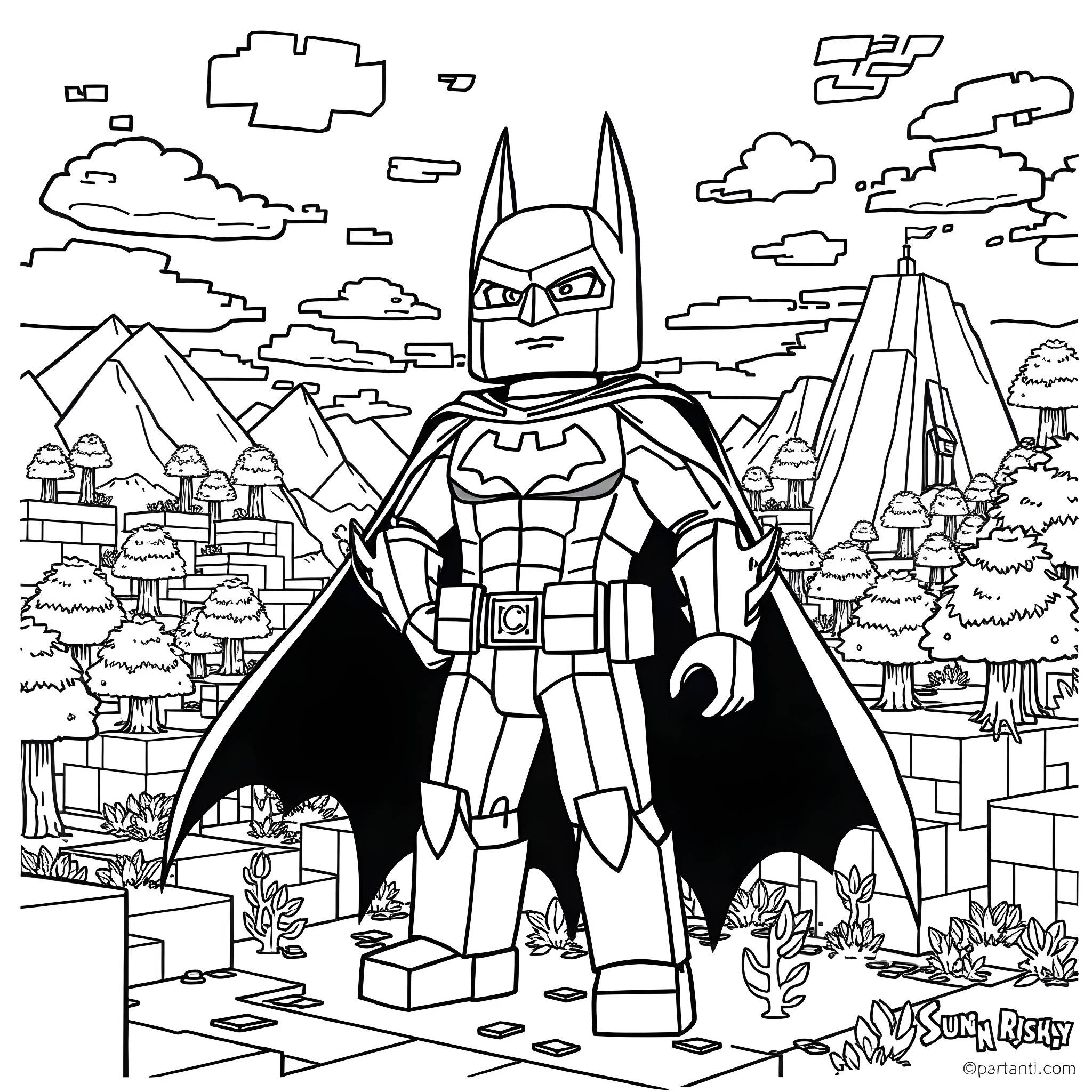 Batman Battling Heroically in a Vibrant Cityscape Coloring Page (free black-and-white line drawing printable PDF for all, from beginners to advanced learners, including children, teens, adults, and seniors)