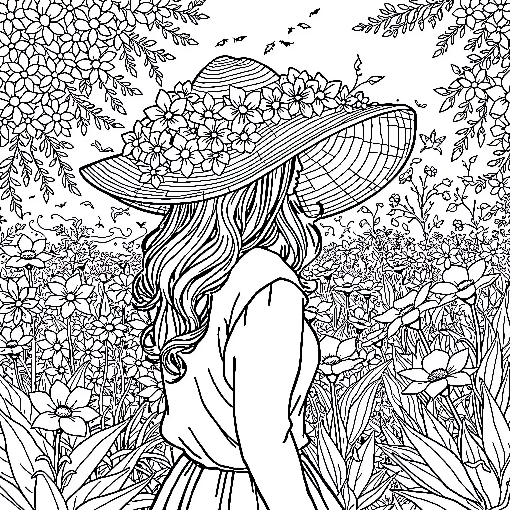 Person in a floral garden with a wide-brimmed hat Coloring Page (free black-and-white line drawing printable PDF for all, from beginners to advanced learners, including children, teens, adults, and seniors)