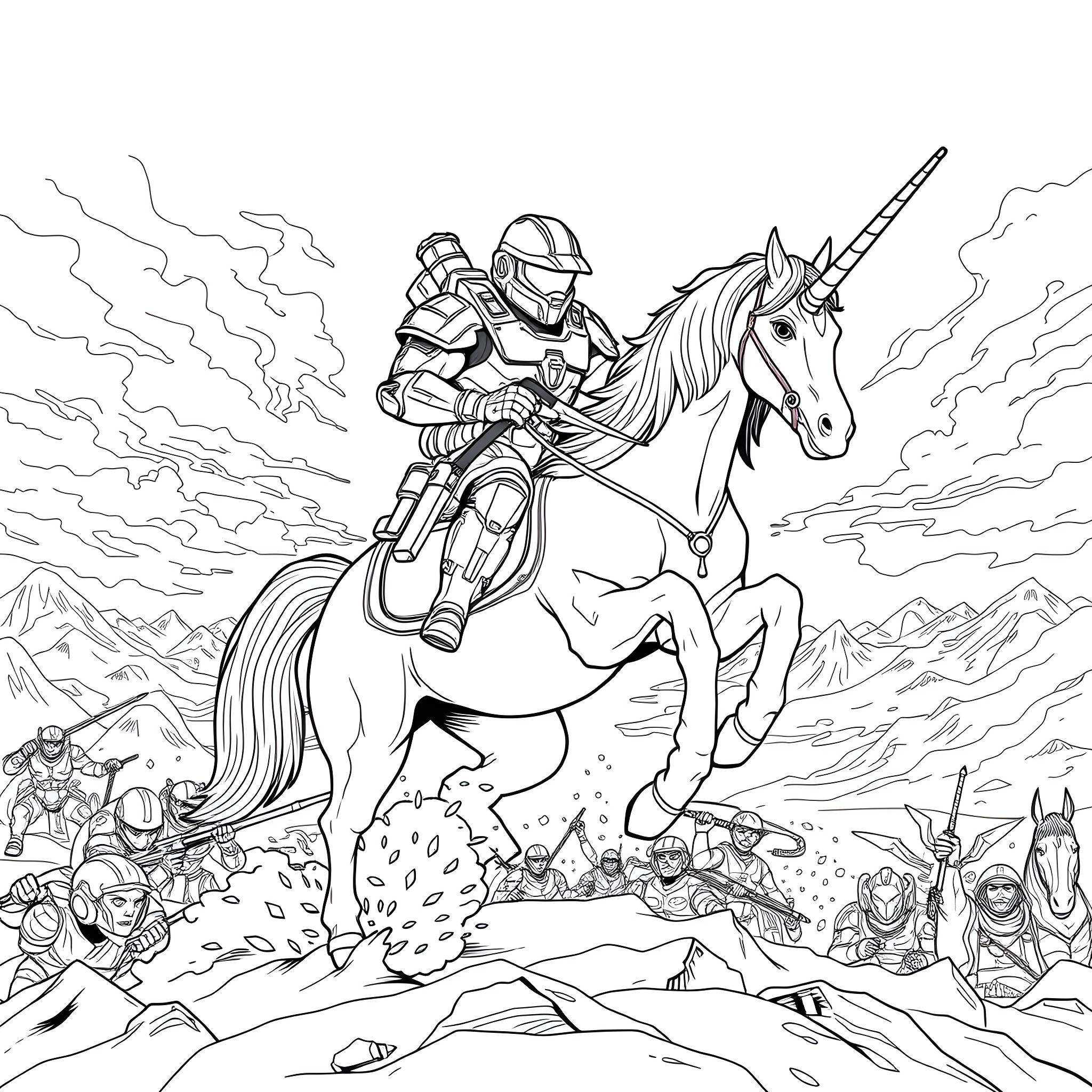 Master Chief Rides Majestic Unicorn into Battle Coloring Page (free black-and-white line drawing printable PDF for all, from beginners to advanced learners, including children, teens, adults, and seniors)