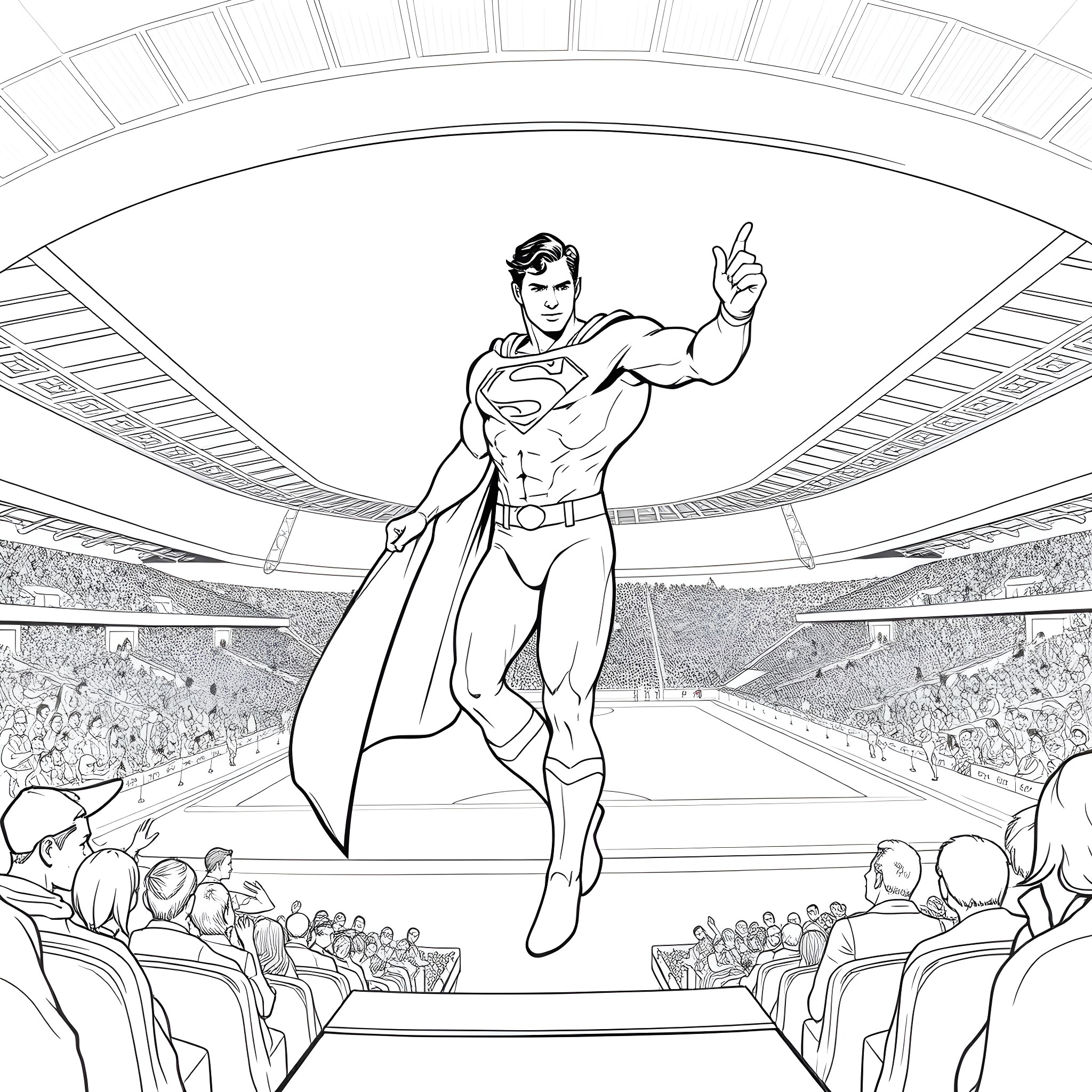Superman triumphantly stands before adoring crowd Coloring Page (free black-and-white line drawing printable PDF for all, from beginners to advanced learners, including children, teens, adults, and seniors)
