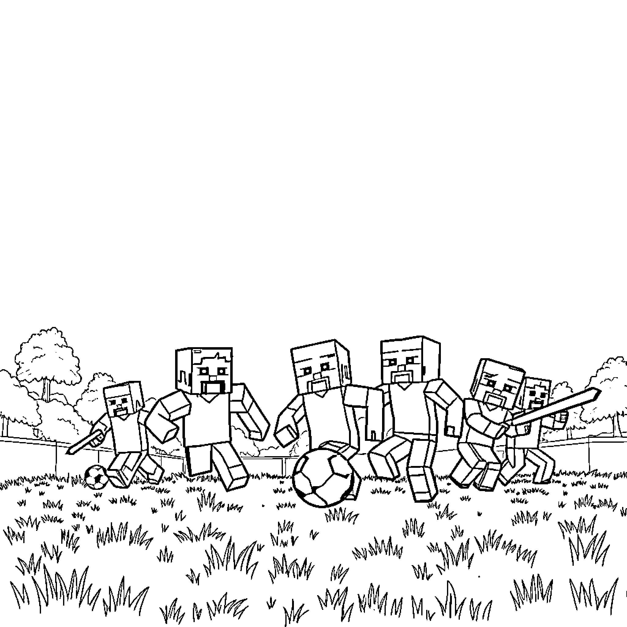 Minecraft characters playing soccer in the field Coloring Page (free black-and-white line drawing printable PDF for all, from beginners to advanced learners, including children, teens, adults, and seniors)