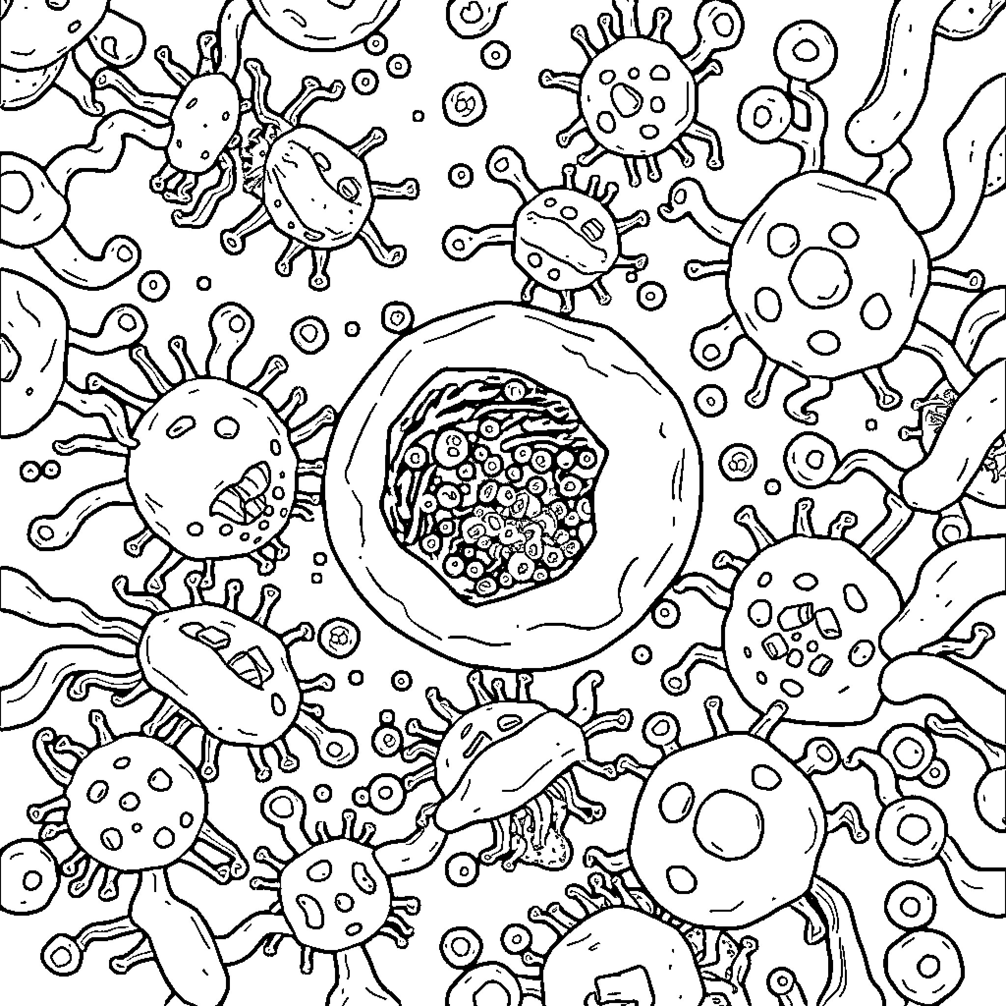 Macrophage Fighting Against Invading Pathogens Coloring Page (free black-and-white line drawing printable PDF for all, from beginners to advanced learners, including children, teens, adults, and seniors)