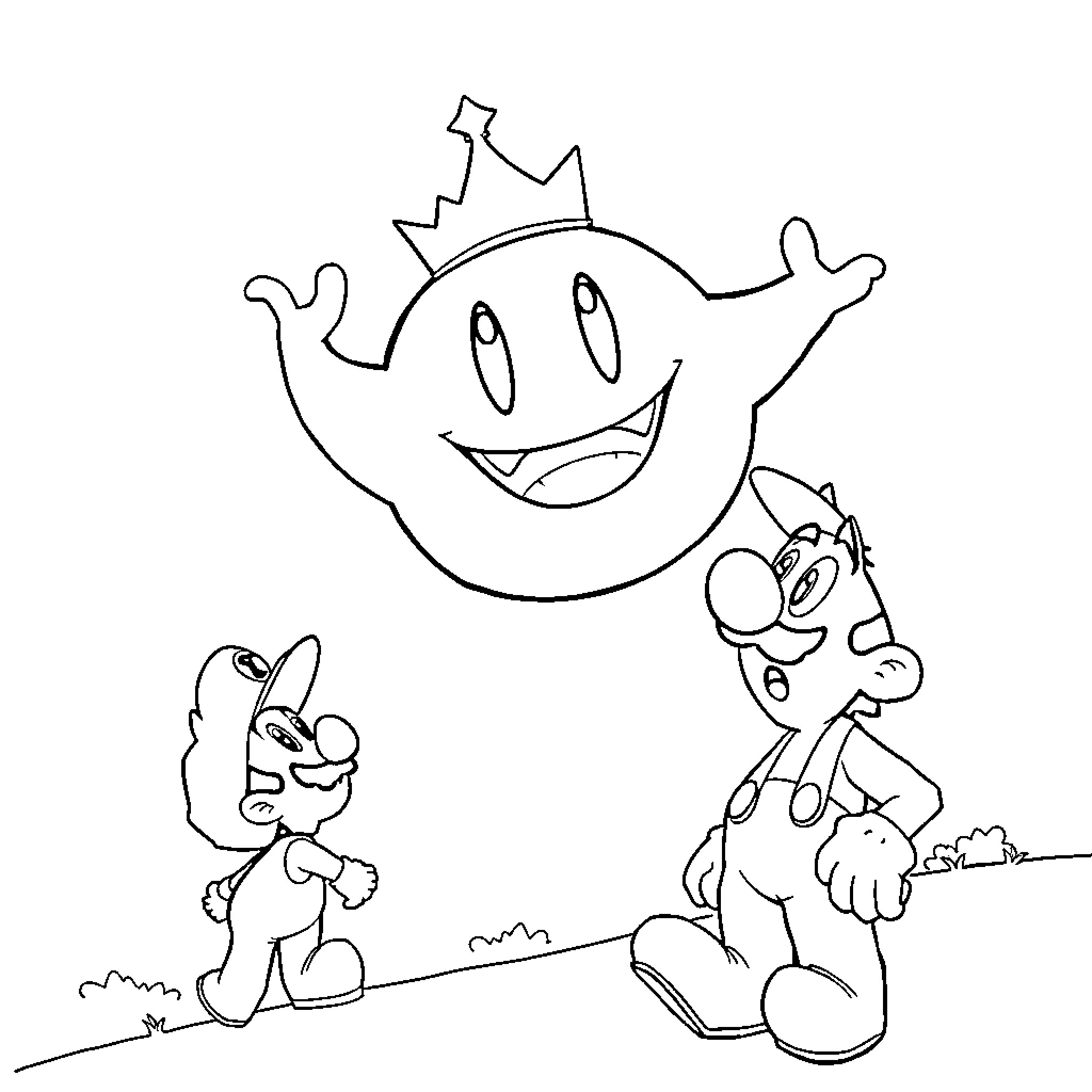 King Boo terrorizing Mario and Luigi Coloring Page (free black-and-white line drawing printable PDF for all, from beginners to advanced learners, including children, teens, adults, and seniors)