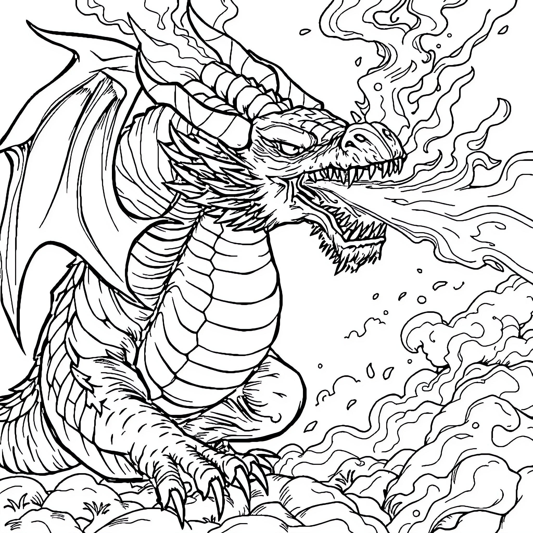 Dragon unleashing its mighty roar Coloring Page (free black-and-white line drawing printable PDF for all, from beginners to advanced learners, including children, teens, adults, and seniors)