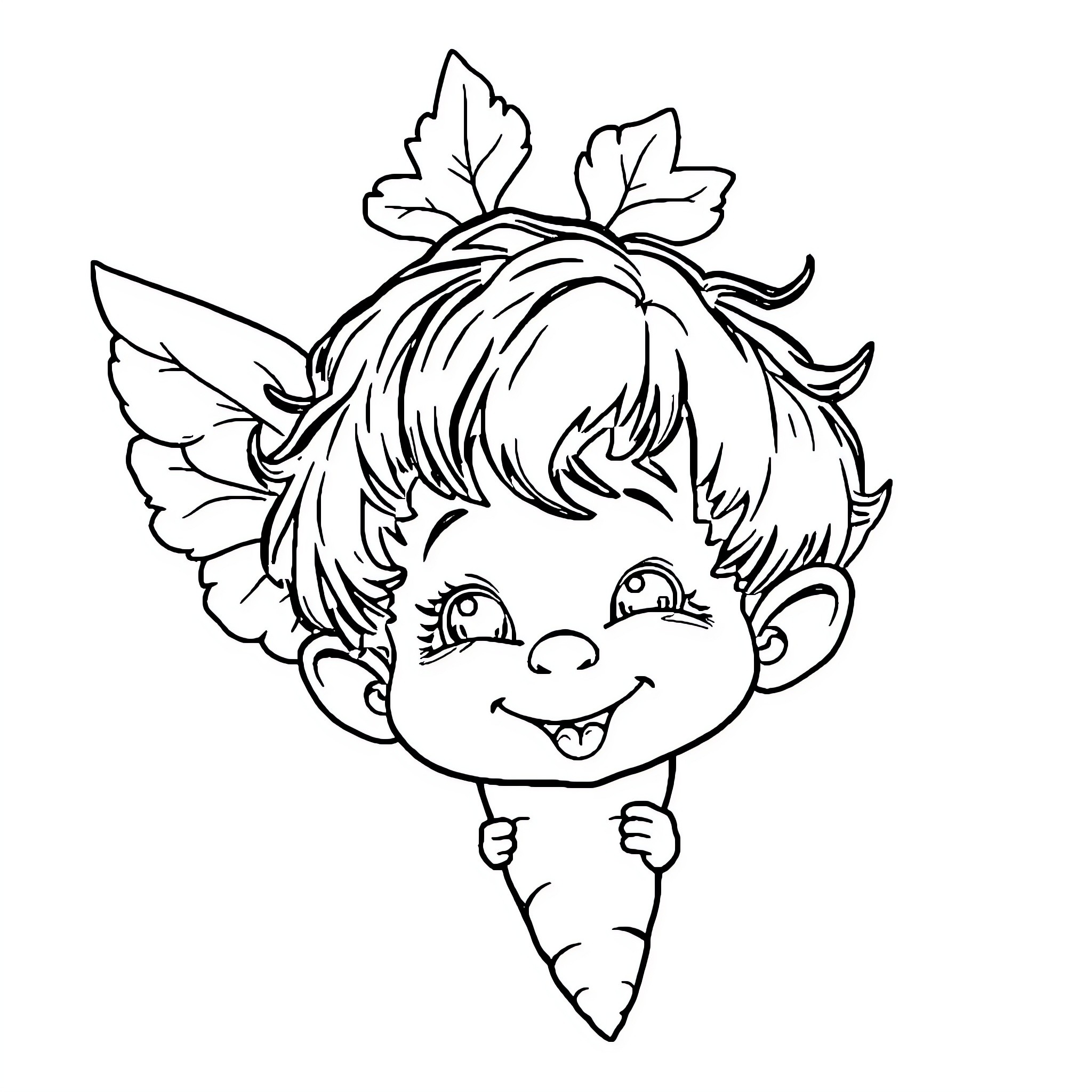 Carrot-Themed Whimsical Cartoon Character Coloring Page (free black-and-white line drawing printable PDF for all, from beginners to advanced learners, including children, teens, adults, and seniors)