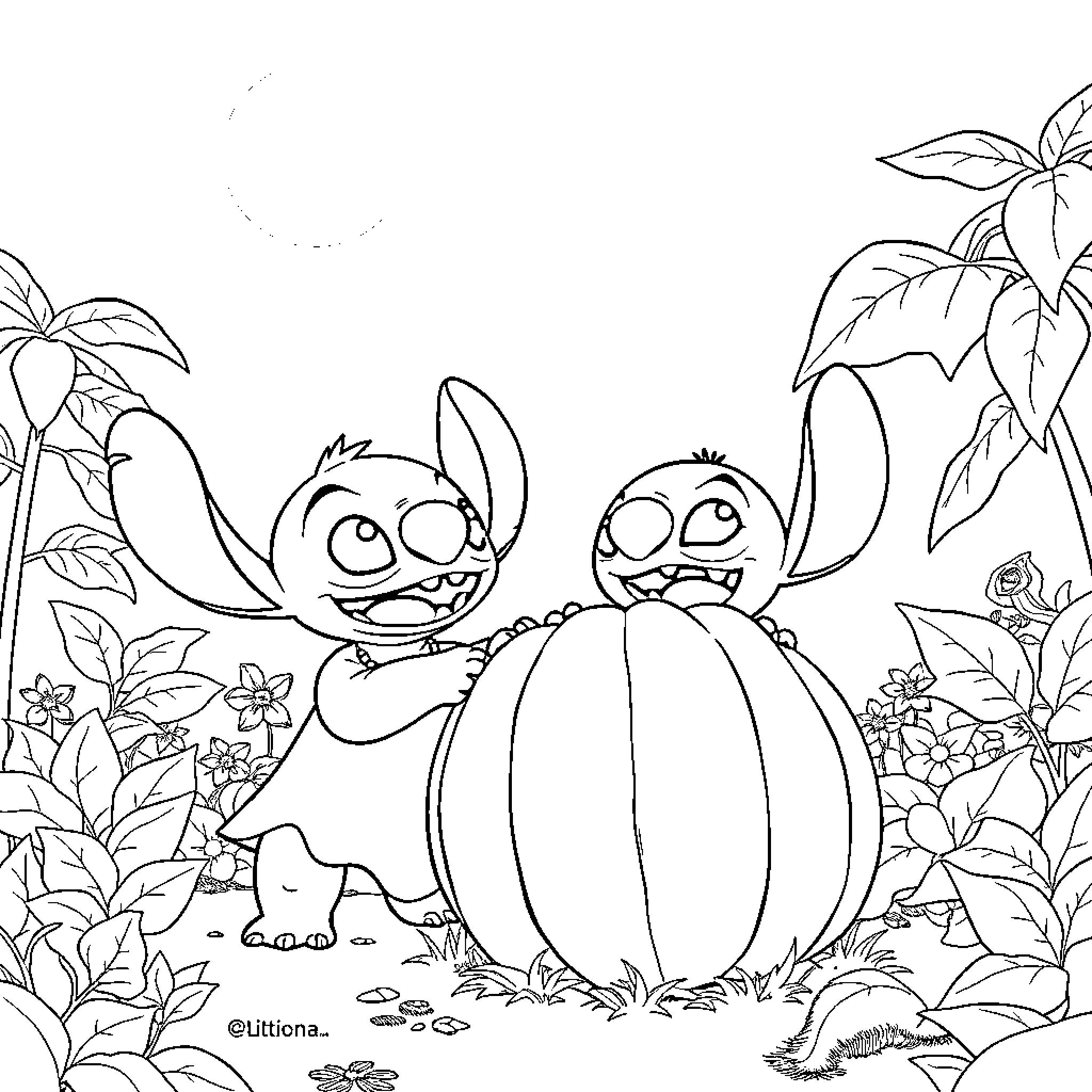Lilo and Stitch enjoying a playful adventure in nature Coloring Page (free black-and-white line drawing printable PDF for all, from beginners to advanced learners, including children, teens, adults, and seniors)