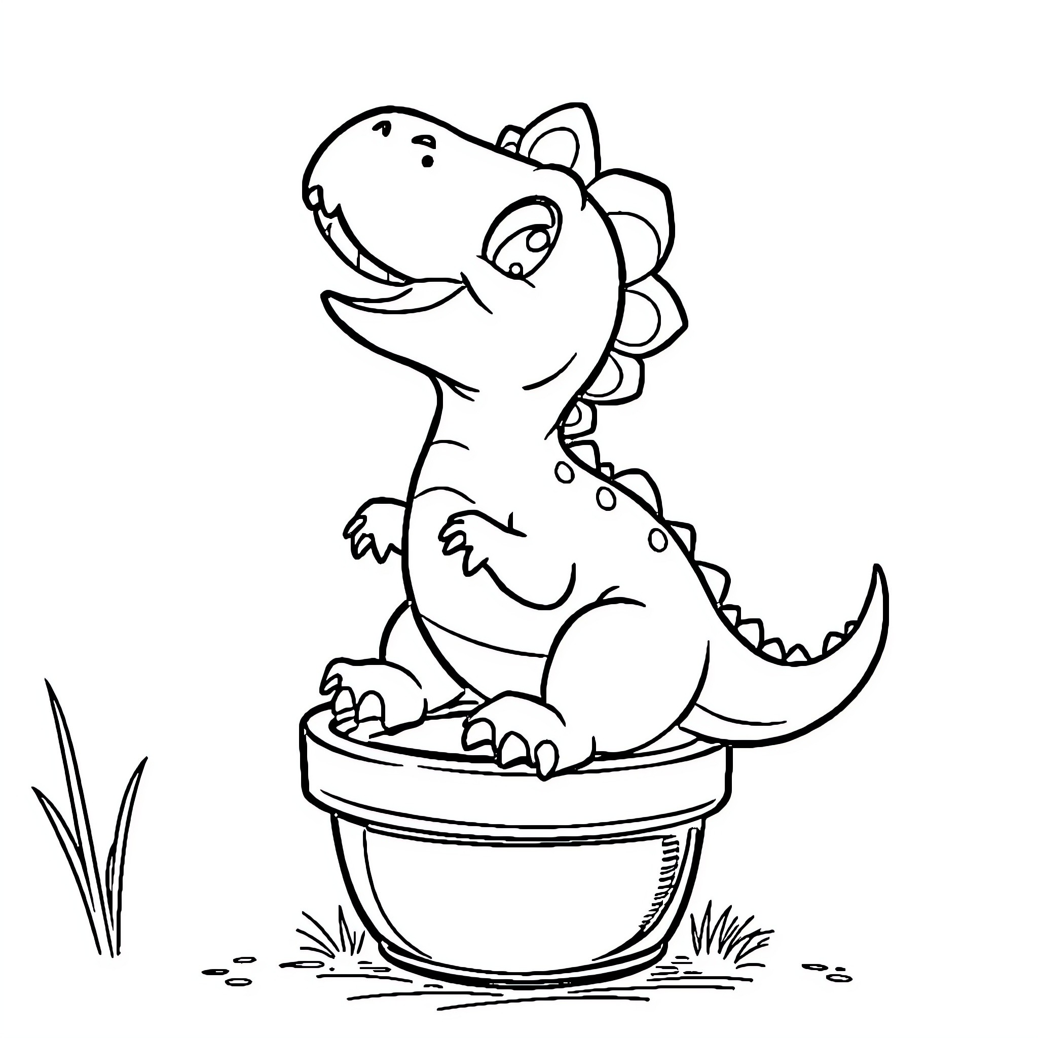 Dinosaur sitting in a planter happily Coloring Page (free black-and-white line drawing printable PDF for all, from beginners to advanced learners, including children, teens, adults, and seniors)