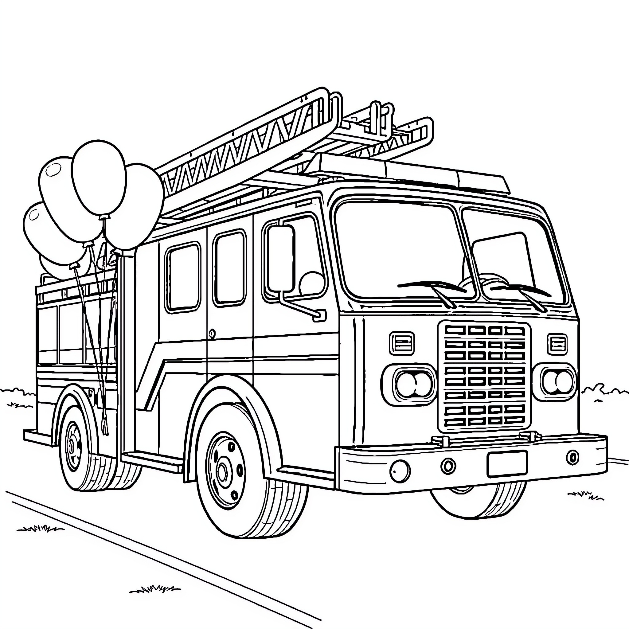 Fire Truck Responding to Emergency with Sirens and Ladders Coloring Page (free black-and-white line drawing printable PDF for all, from beginners to advanced learners, including children, teens, adults, and seniors)
