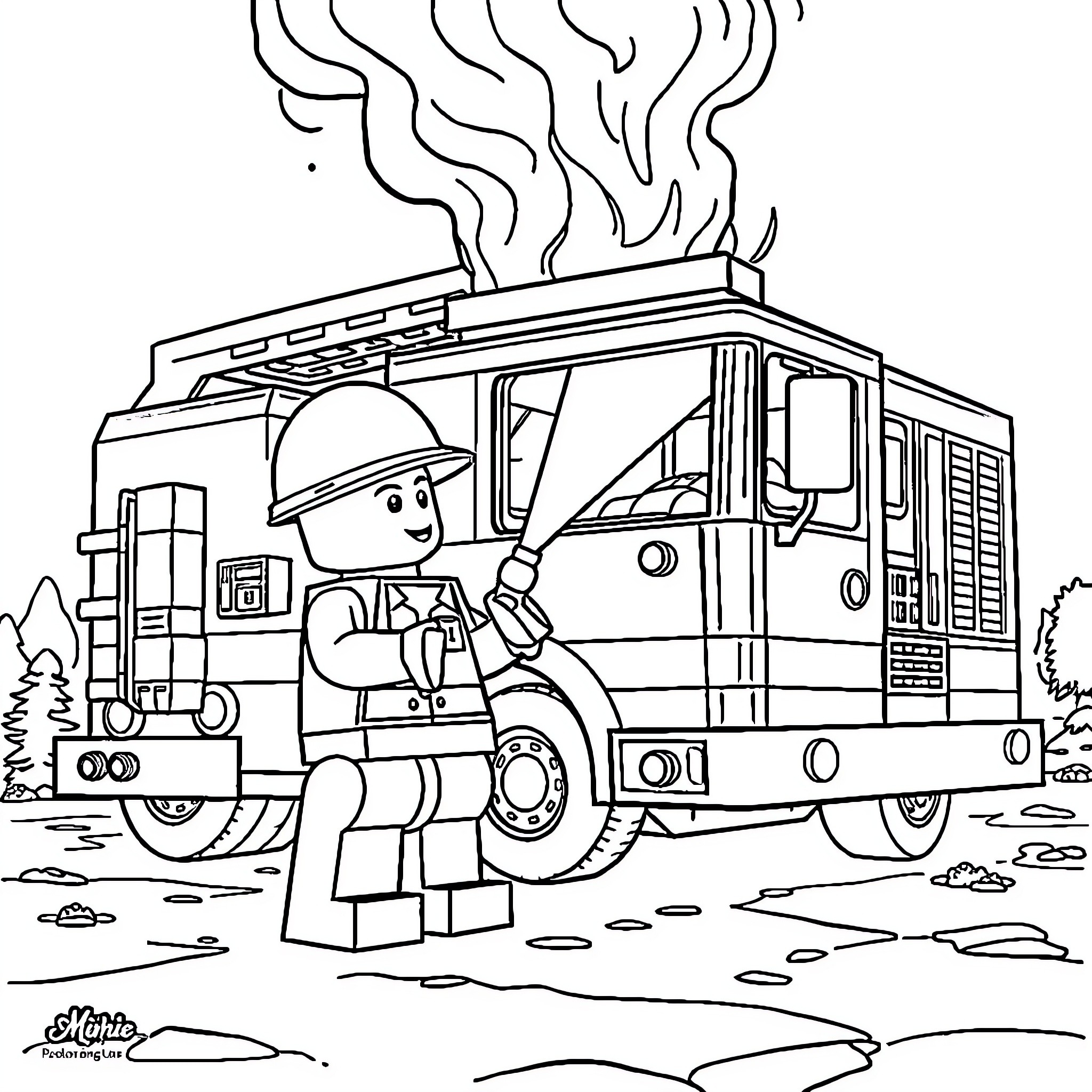 Lego Minifig firefighter in fire truck responding to emergency Coloring Page (free black-and-white line drawing printable PDF for all, from beginners to advanced learners, including children, teens, adults, and seniors)