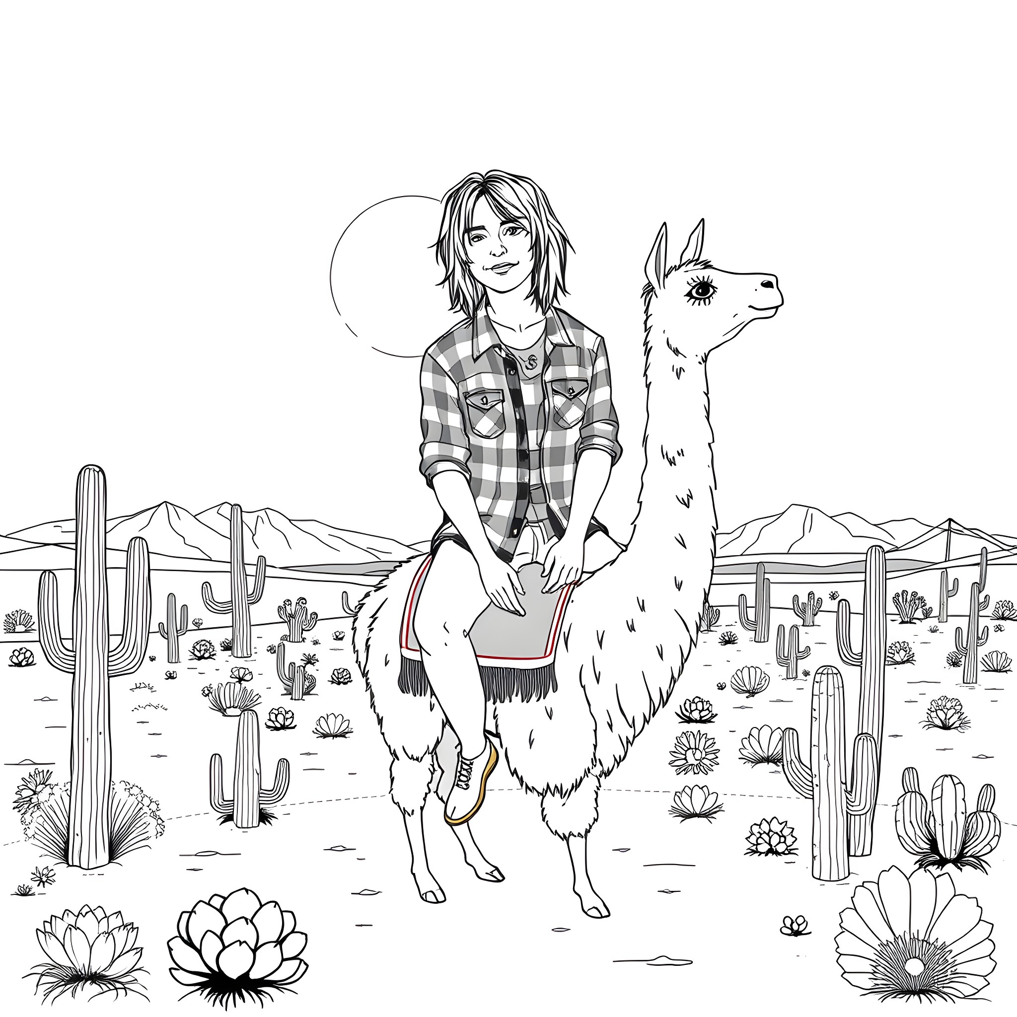 Kurt Cobain befriends a friendly llama in the desert Coloring Page (free black-and-white line drawing printable PDF for all, from beginners to advanced learners, including children, teens, adults, and seniors)