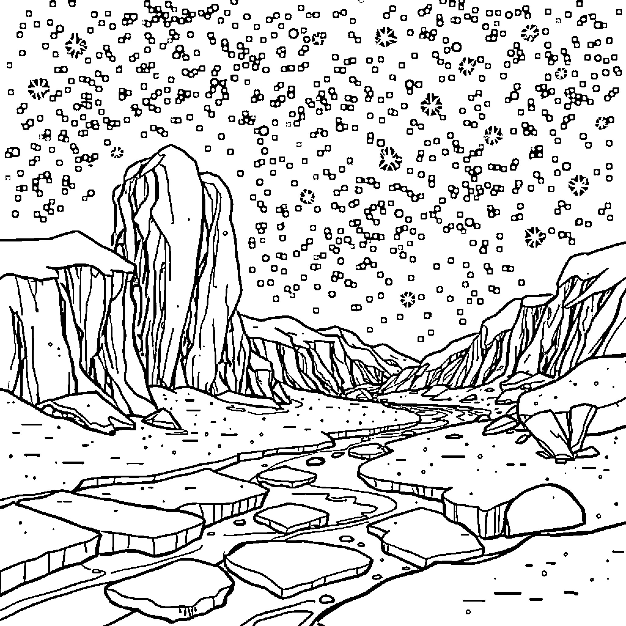 Frozen mountain landscape with falling snow Coloring Page (free black-and-white line drawing printable PDF for all, from beginners to advanced learners, including children, teens, adults, and seniors)