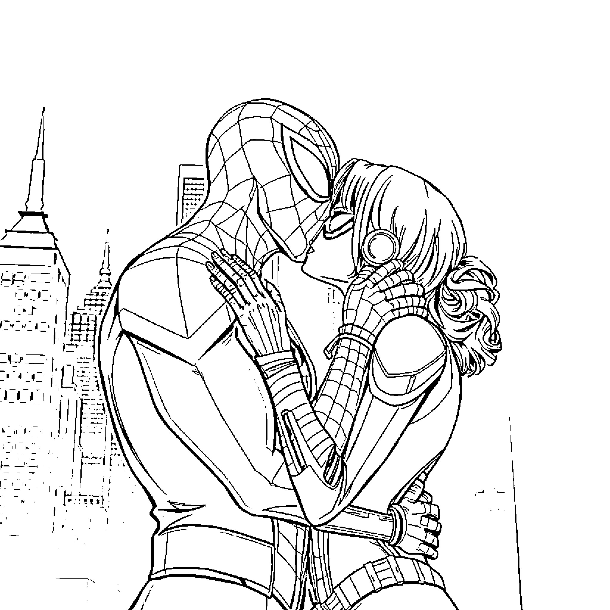 Spider-Man embracing a woman in the city Coloring Page (free black-and-white line drawing printable PDF for all, from beginners to advanced learners, including children, teens, adults, and seniors)