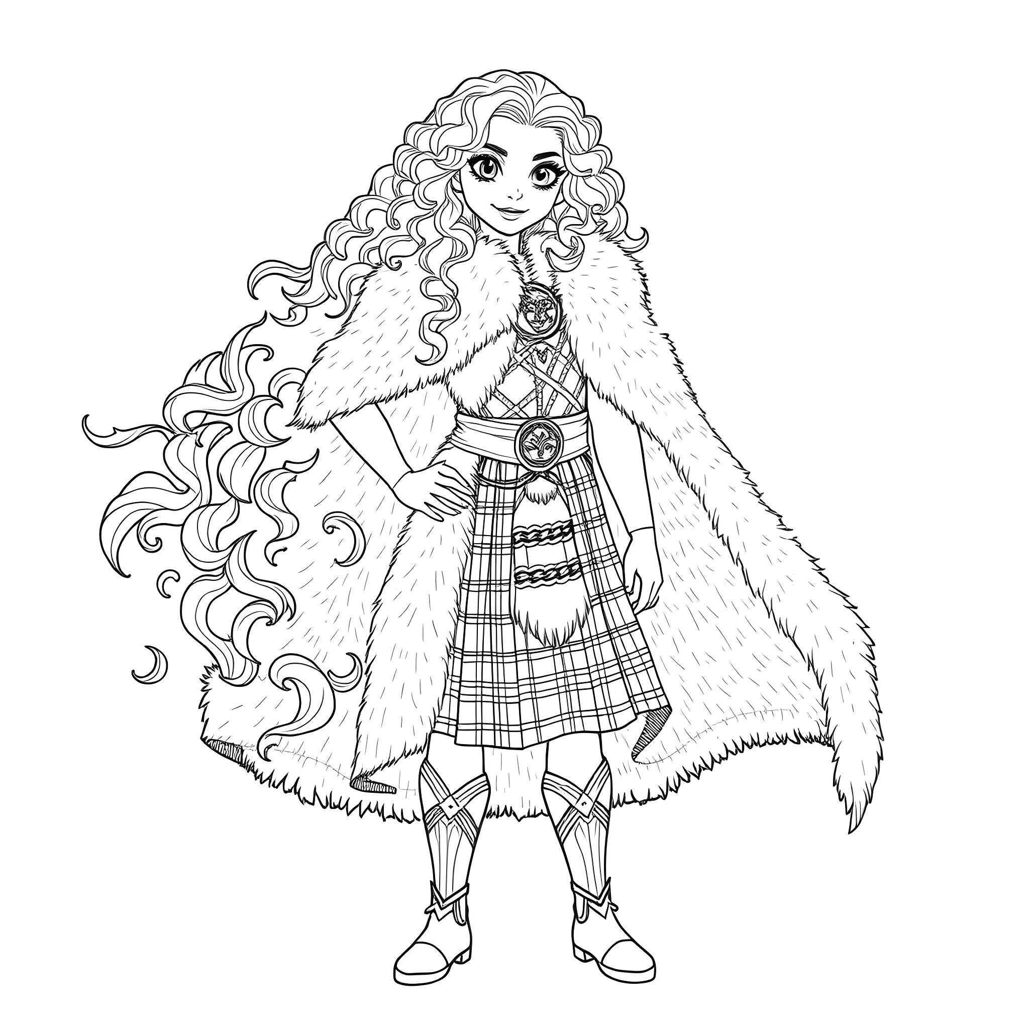 Merida in Fur Cloak Posing Confidently Coloring Page (free black-and-white line drawing printable PDF for all, from beginners to advanced learners, including children, teens, adults, and seniors)