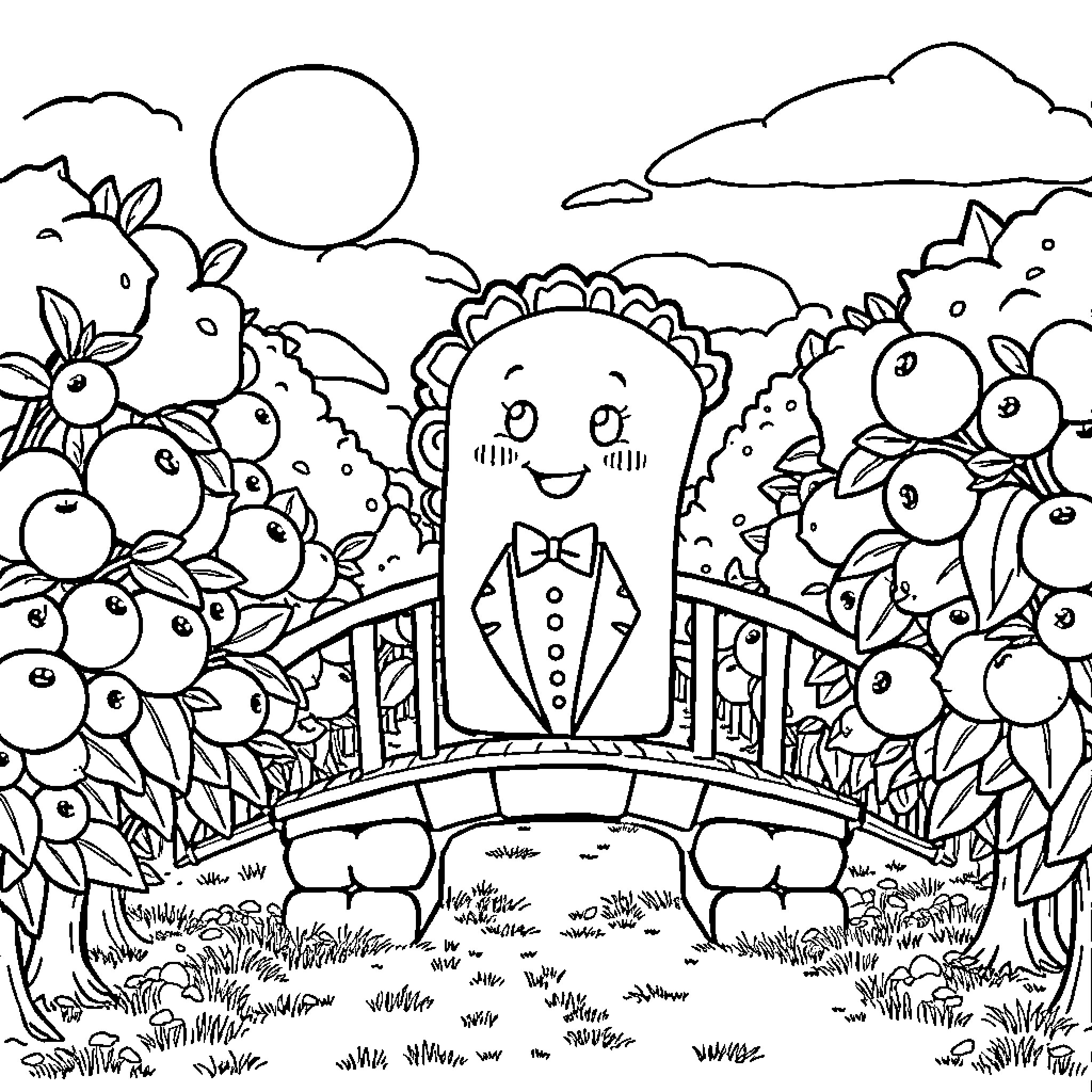 Taco Themed Coloring Page with Whimsical Creatures Coloring Page (free black-and-white line drawing printable PDF for all, from beginners to advanced learners, including children, teens, adults, and seniors)