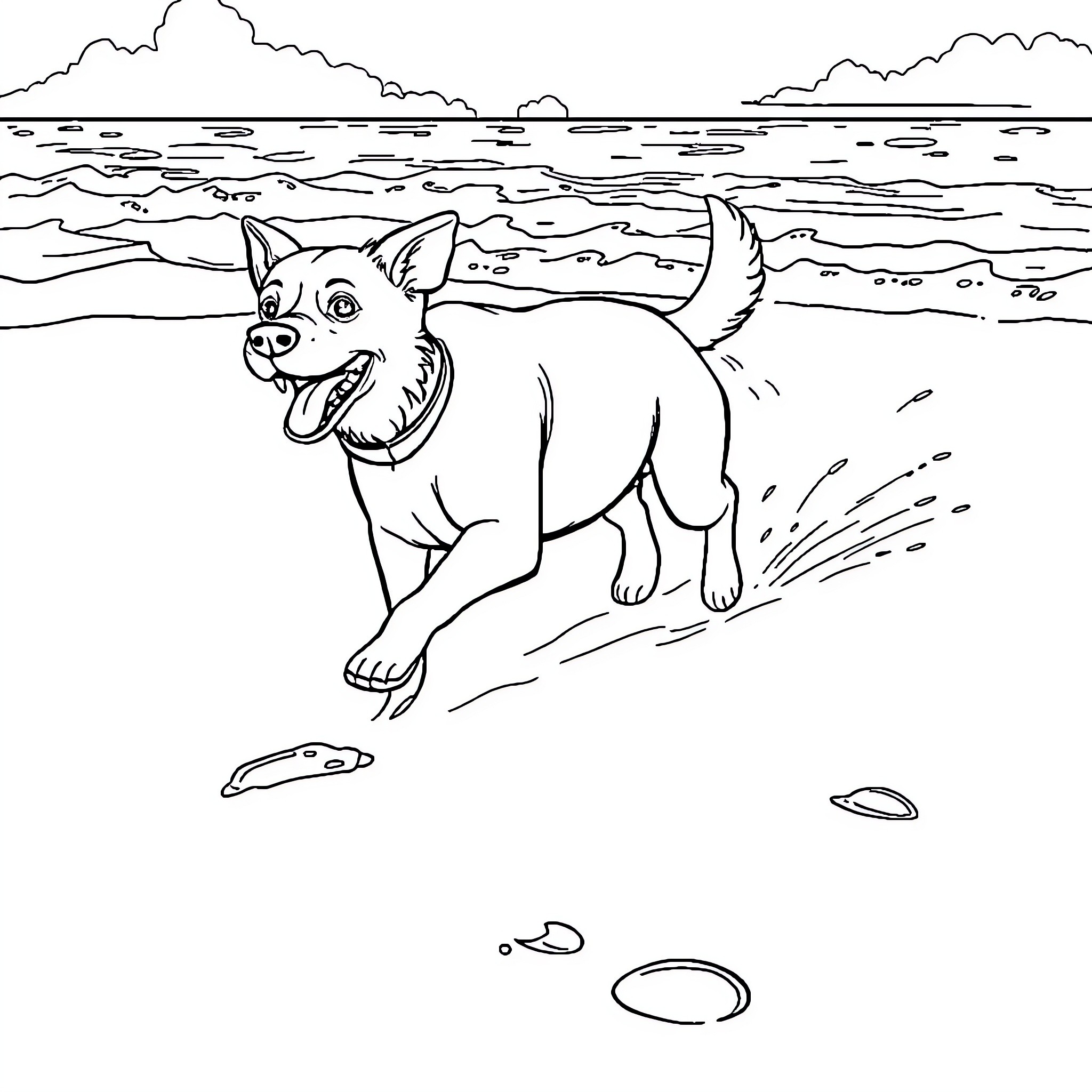 Dog running happily on the beach Coloring Page (free black-and-white line drawing printable PDF for all, from beginners to advanced learners, including children, teens, adults, and seniors)