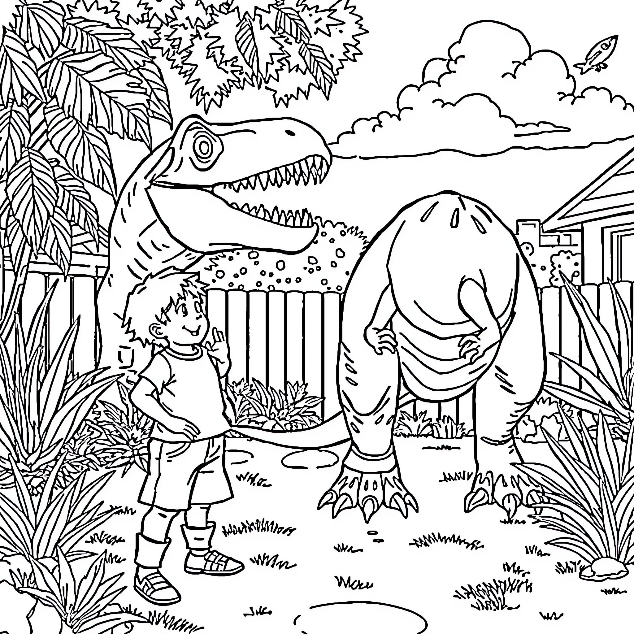 Boy exploring the mysterious jungle with a dinosaur Coloring Page (free black-and-white line drawing printable PDF for all, from beginners to advanced learners, including children, teens, adults, and seniors)
