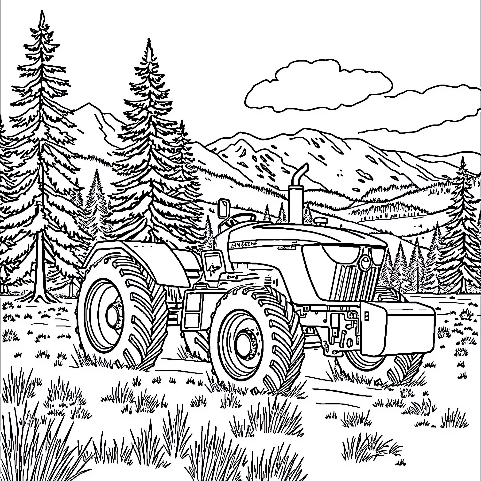 Tractor plowing through scenic mountain landscape Coloring Page (free black-and-white line drawing printable PDF for all, from beginners to advanced learners, including children, teens, adults, and seniors)