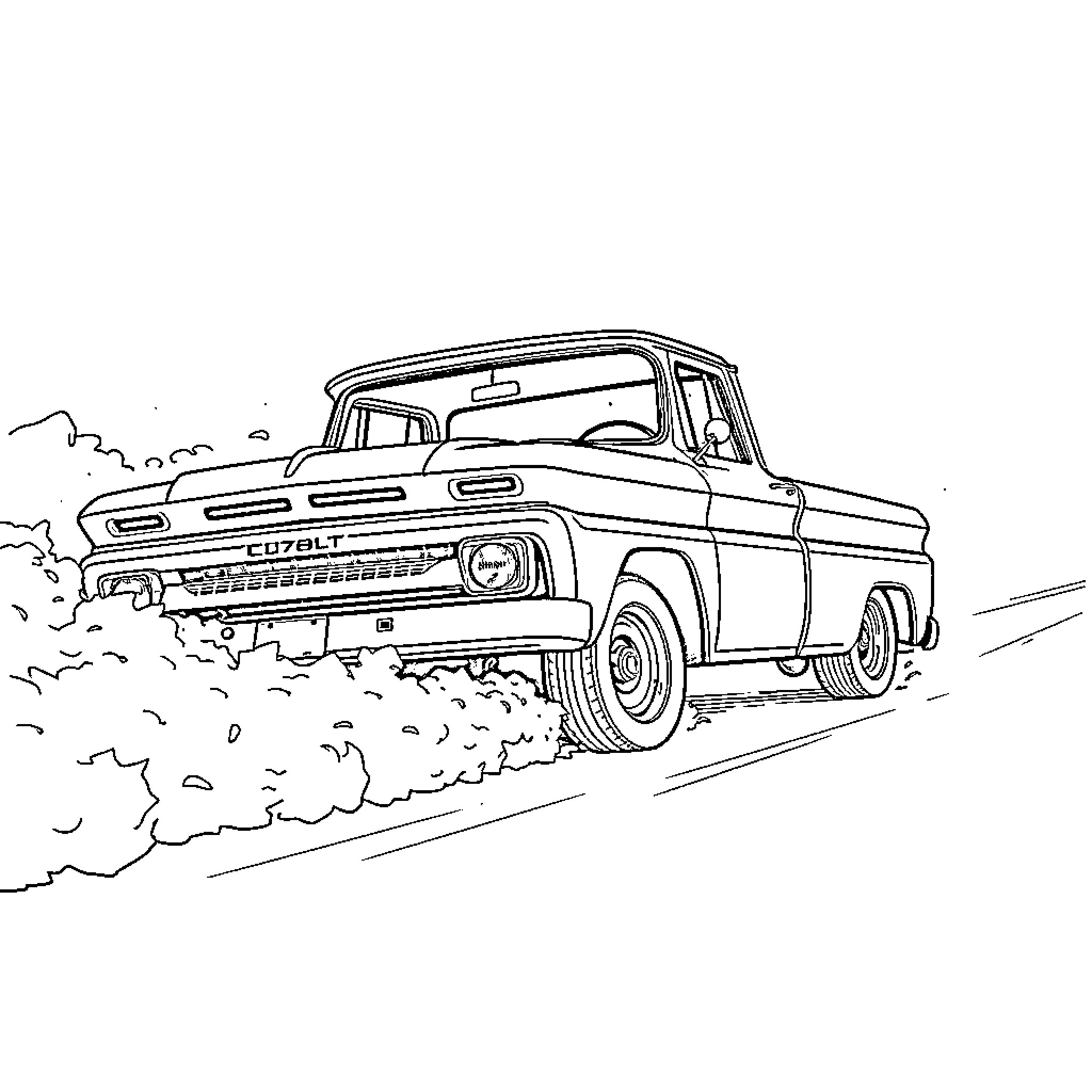 Chevrolet C10 truck driving on a rural road Coloring Page (free black-and-white line drawing printable PDF for all, from beginners to advanced learners, including children, teens, adults, and seniors)