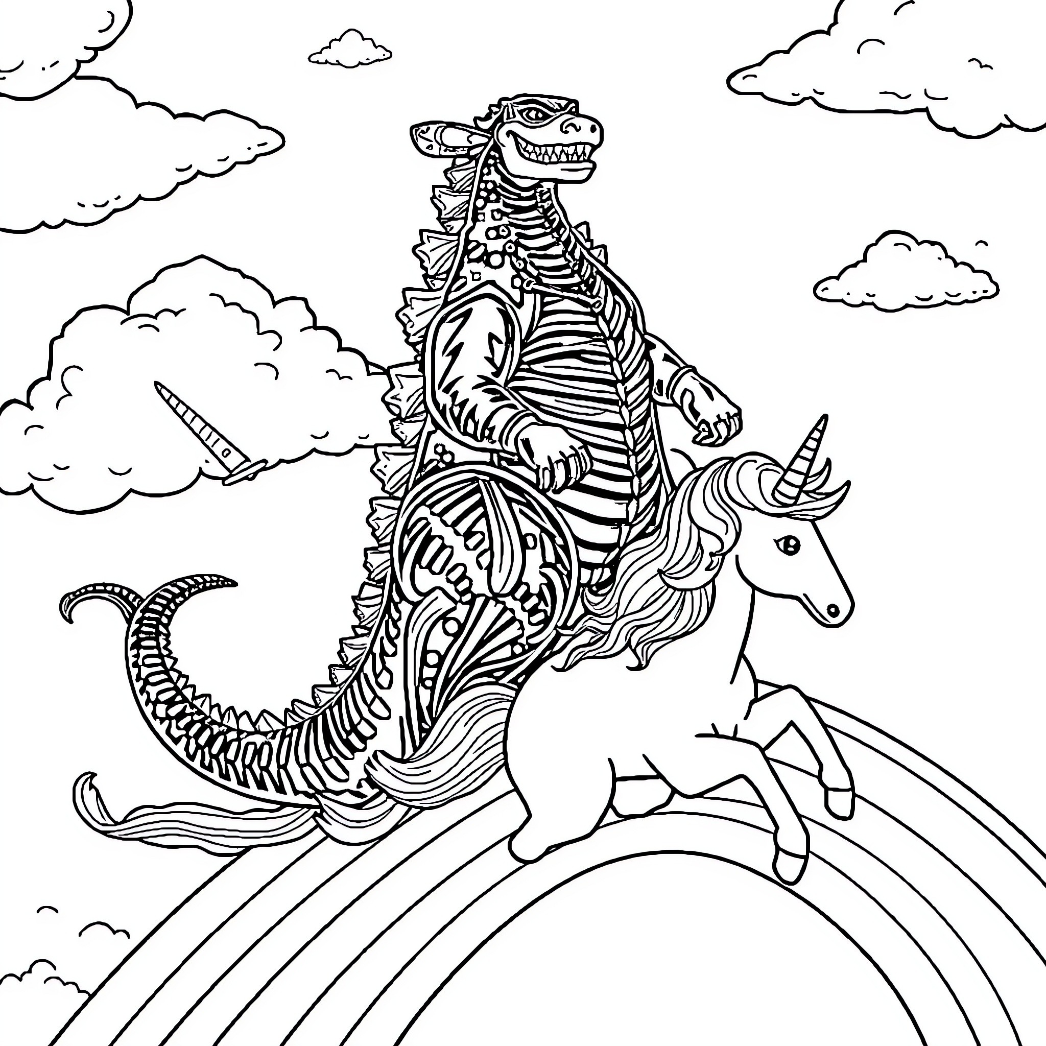 Godzilla riding a unicorn through a fantasy landscape Coloring Page (free black-and-white line drawing printable PDF for all, from beginners to advanced learners, including children, teens, adults, and seniors)