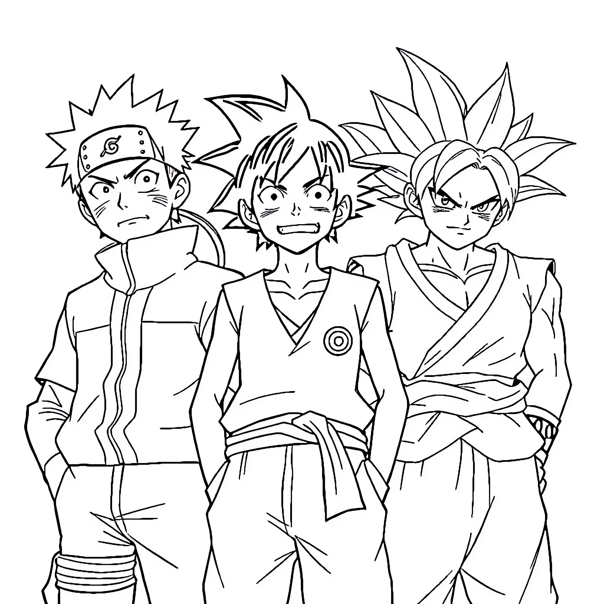 Naruto characters in action poses and expressions Coloring Page (free black-and-white line drawing printable PDF for all, from beginners to advanced learners, including children, teens, adults, and seniors)