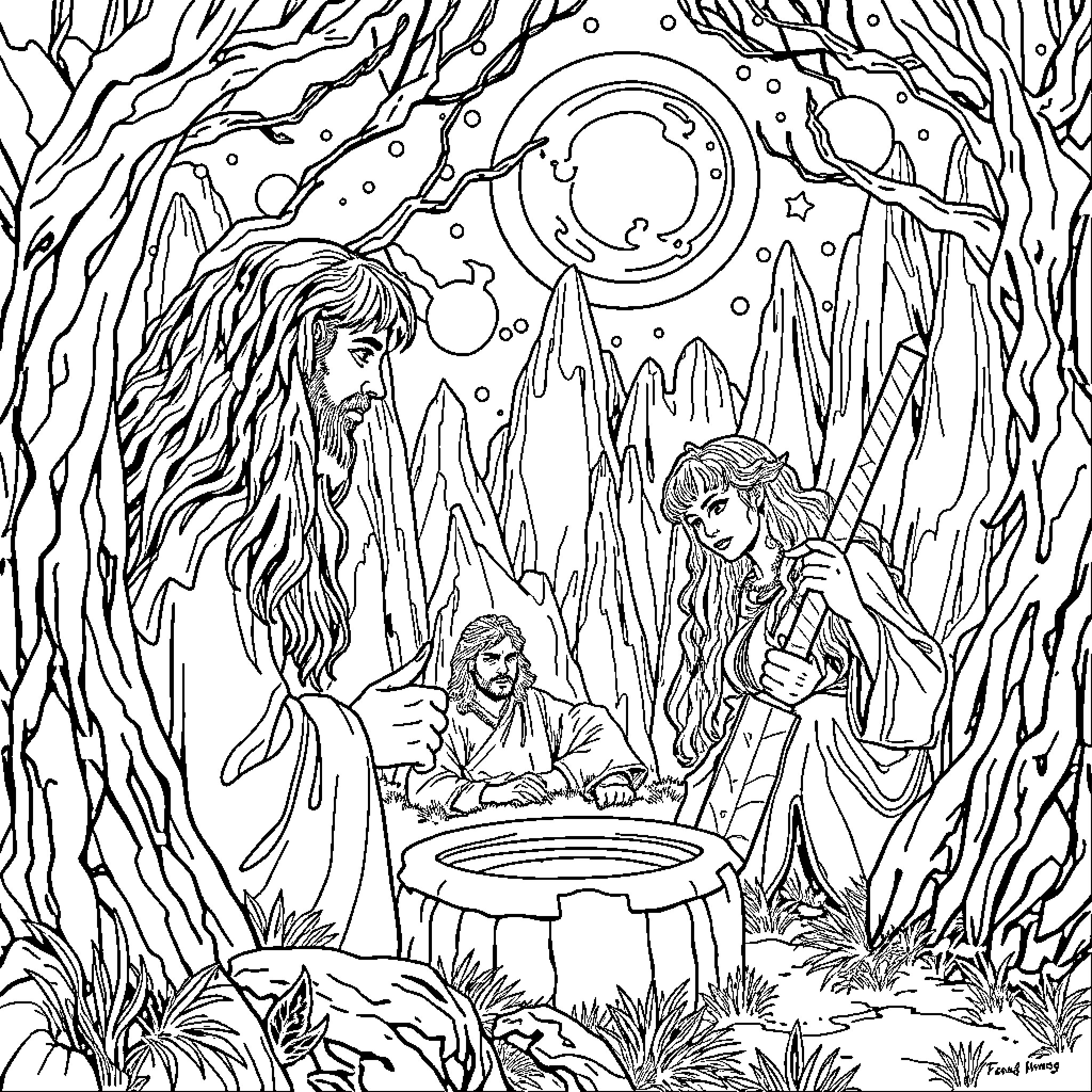 Lord of the Rings: Hobbits and Wizards in Magical Forest Coloring Page (free black-and-white line drawing printable PDF for all, from beginners to advanced learners, including children, teens, adults, and seniors)