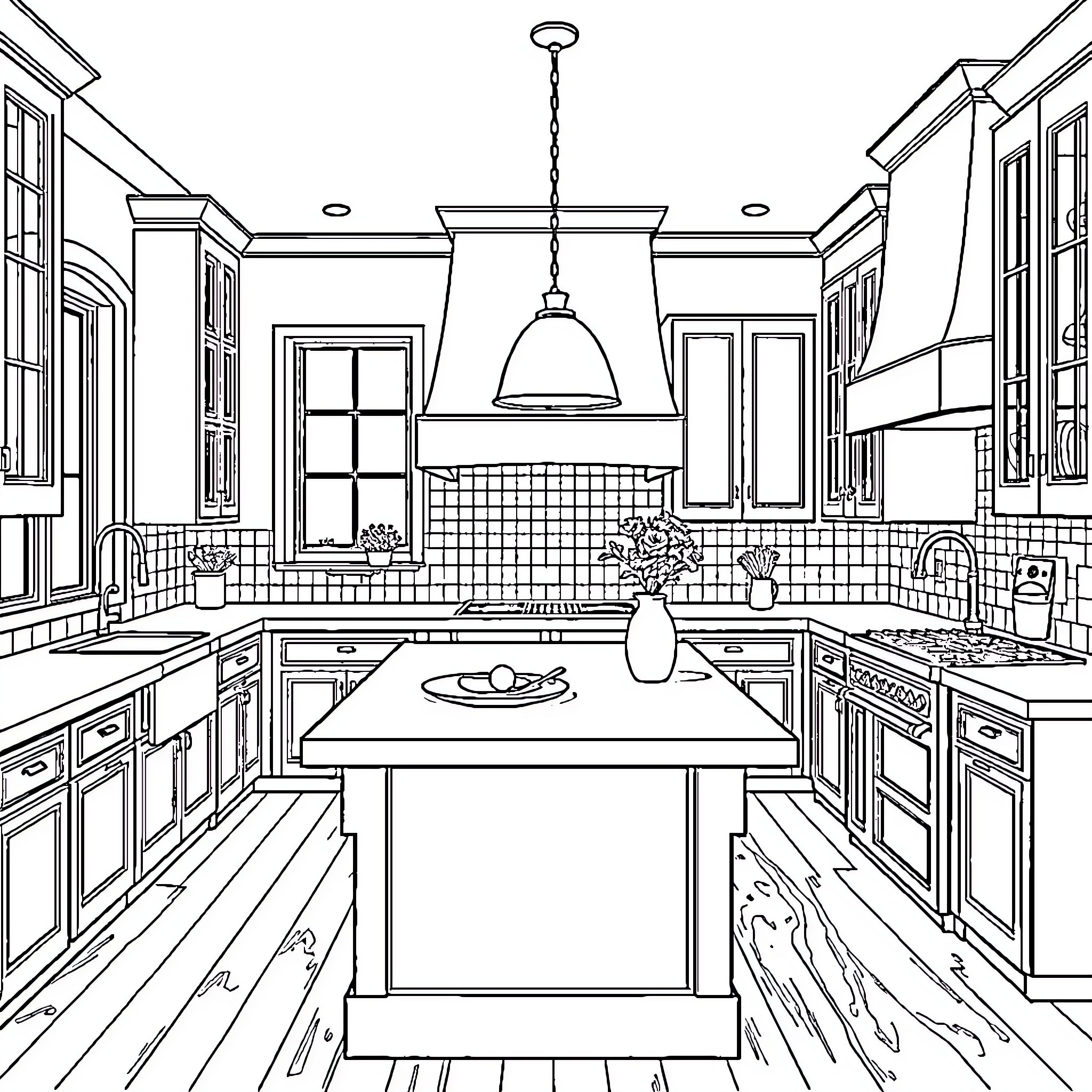 Kitchen with Appliances and Cooking Accessories Coloring Page (free black-and-white line drawing printable PDF for all, from beginners to advanced learners, including children, teens, adults, and seniors)