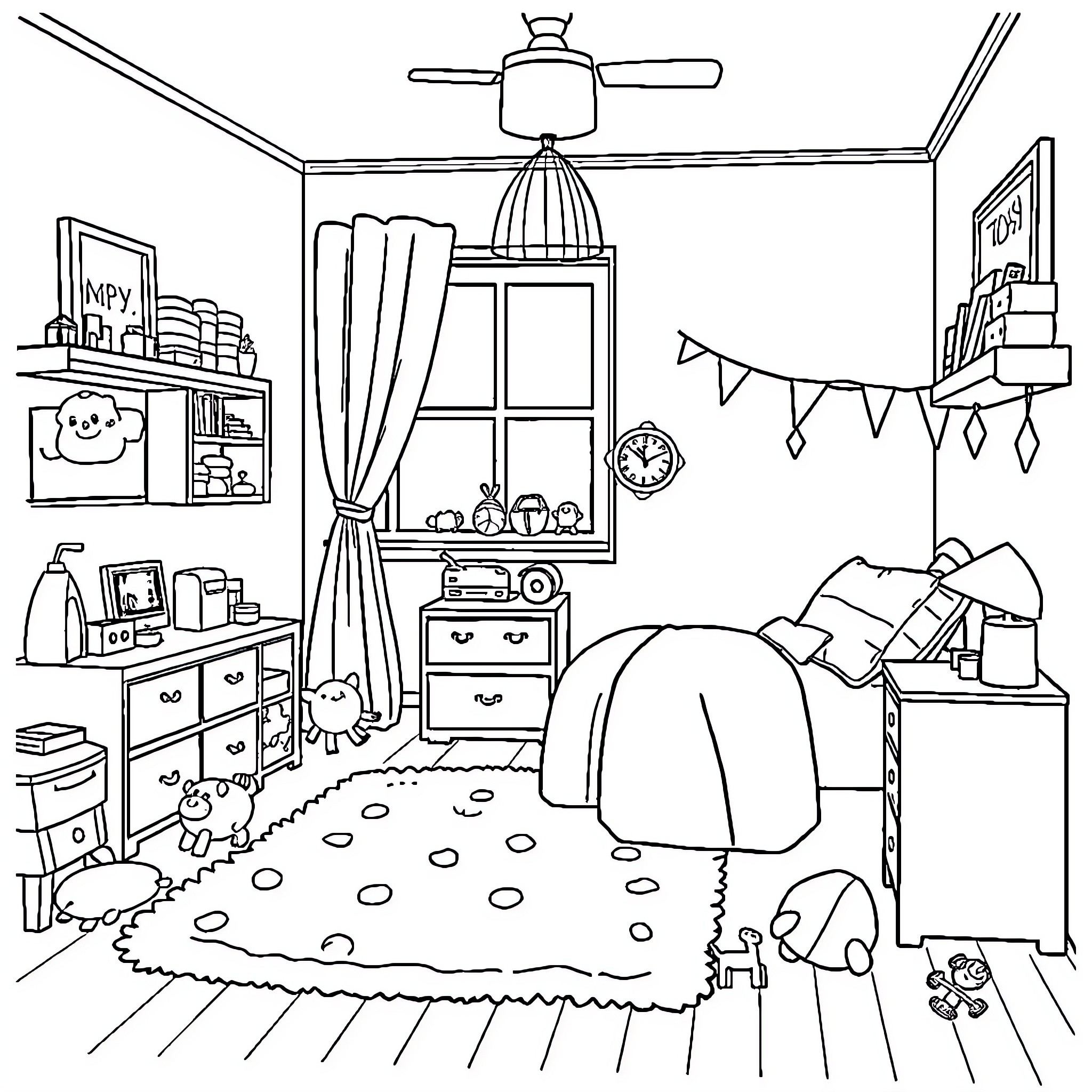 Child Room with Toys and Decorations Coloring Page (free black-and-white line drawing printable PDF for all, from beginners to advanced learners, including children, teens, adults, and seniors)