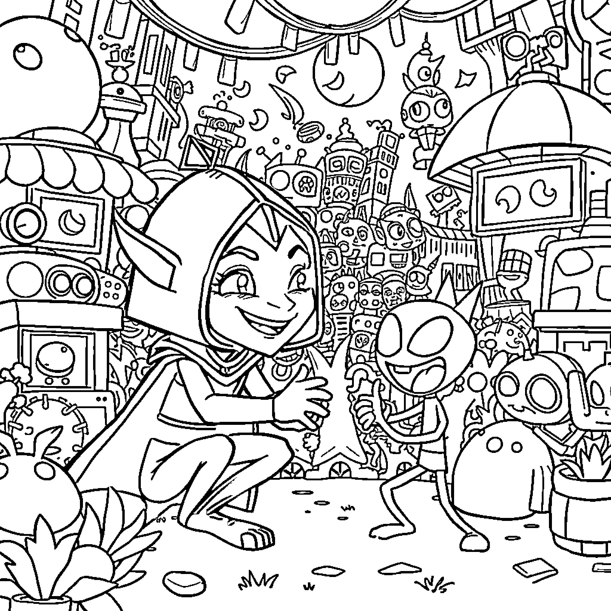 Avatar in a whimsical and fantastical world Coloring Page (free black-and-white line drawing printable PDF for all, from beginners to advanced learners, including children, teens, adults, and seniors)